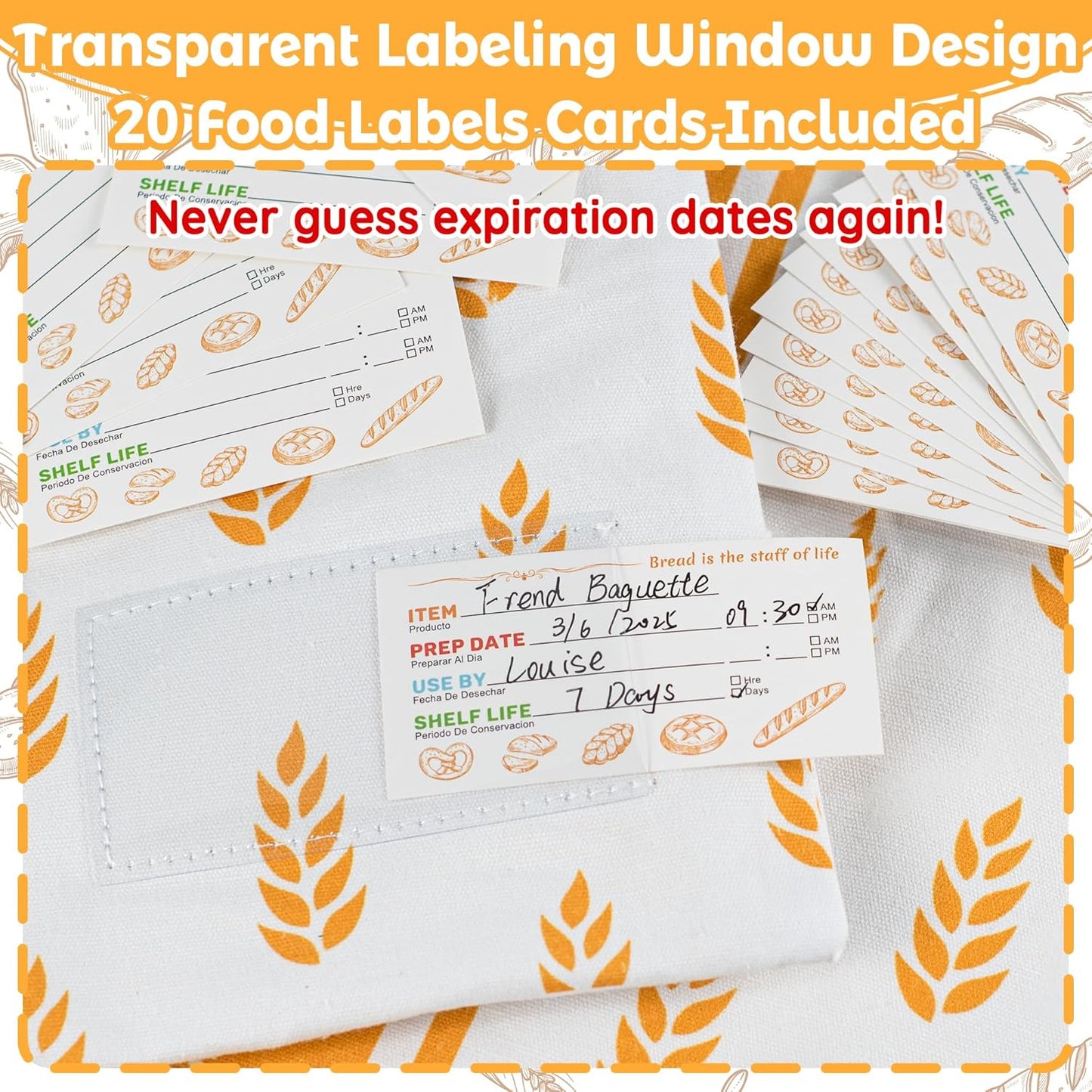 Reusable Beeswax Bread Bag for Homemade Bread & Sourdough Loaf, Fridge-Safe Storage Container with Dual-Zip Freshness Lock & Lables Cards Note Dates on, Natural Cotton & Beeswax Lining Keep Fresh