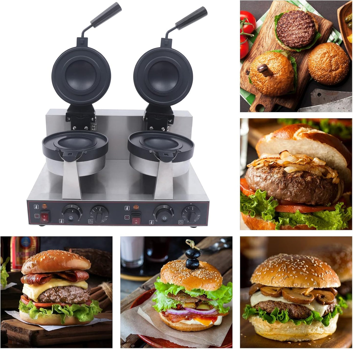 Commercial Electric Burger Waffle Maker Machine, Non Stick Panini Hamburger Press Machine Stainless Steel Ice Cream Burger Baker for Waffles, Paninis Household Hamburger Maker 2400W (Double)