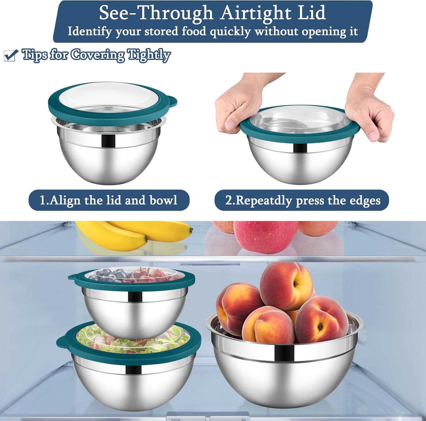 LIANYU Stainless Steel Metal Mixing Bowls, 3 Packs Deep Nesting Mixing Bowls Set for Baking Cooking and Prepping, 4.6 & 3 & 1.5QT Large and Small Size, Include Visible & Airtight Lid, Blue