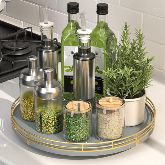12" Wooden Lazy Susan Turntable for Cabinet – Roud Rotating Spice Rack Organizer, Gray Kitchen Countertop Tray for Dining Table & Pantry Storage （Gray & Gold）