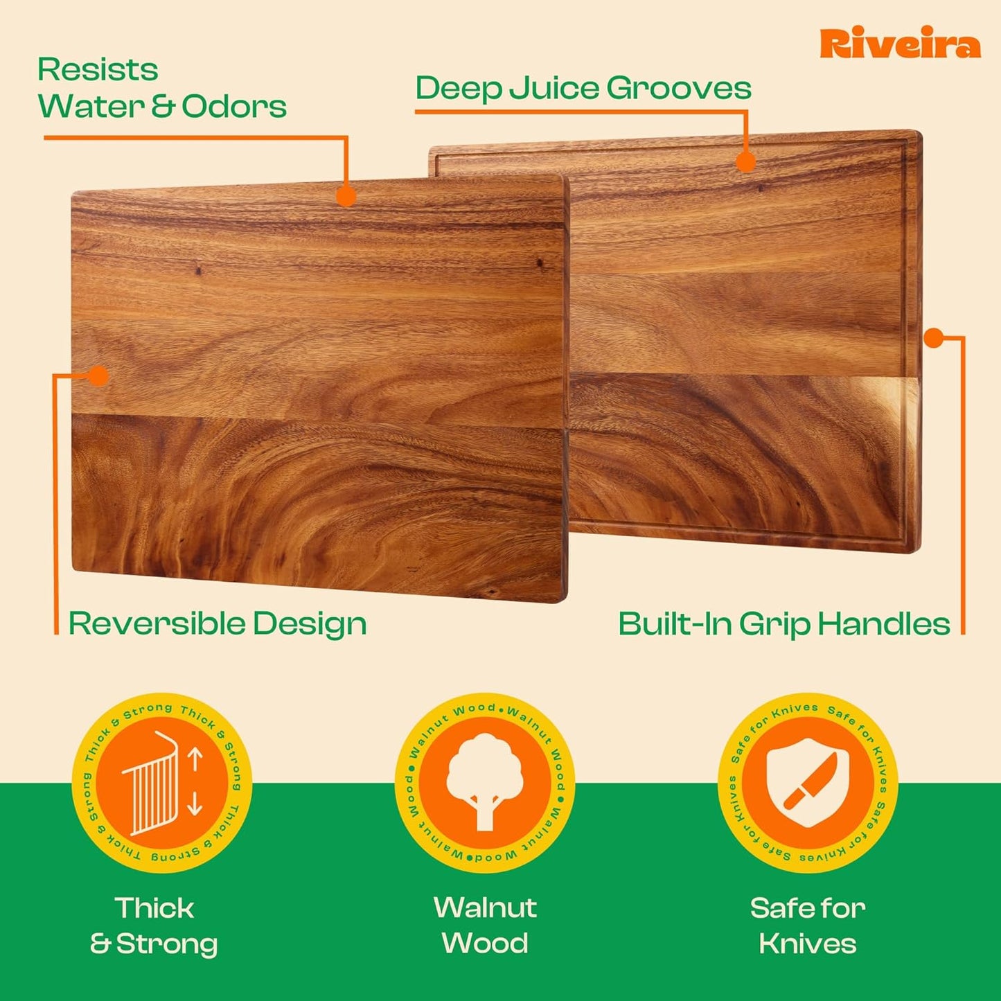 Riveira Walnut Wood Cutting Board – Versatile And Durable: Set Of 2 Pcs Rectangular Wooden Cutting Board – Natural Wooden Cutting Boards For Kitchen – Complete Walnut Wooden Chopping Board