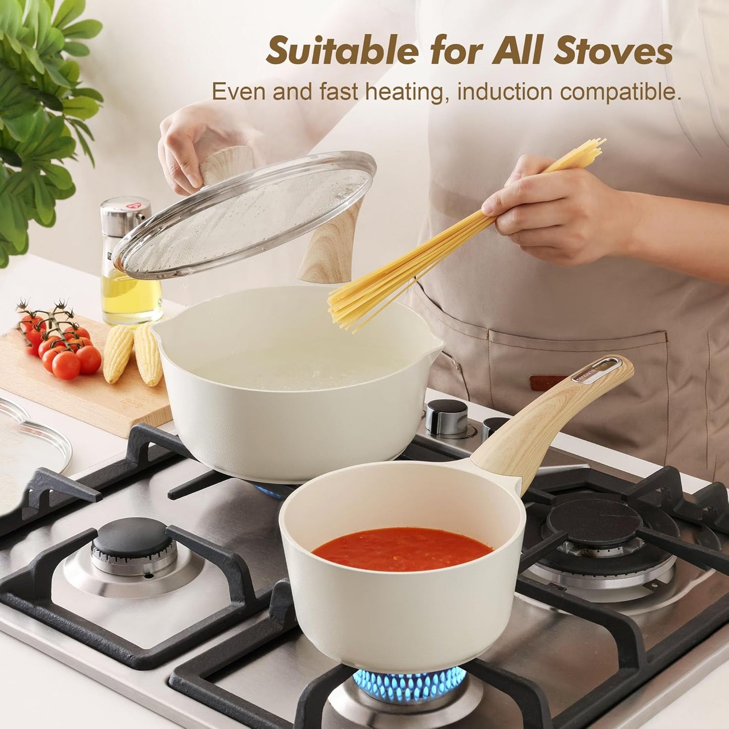 SENSARTE 1.5 & 2.5 Quart Ceramic Sauce Pan Sets with Lid, Cooking Pots Set, Nonstick Saucepan Set with Pour Spout, Small Kitchen Pot, Non toxic Saucepot, Induction Comptable, PFOA PTFE PFAS Free