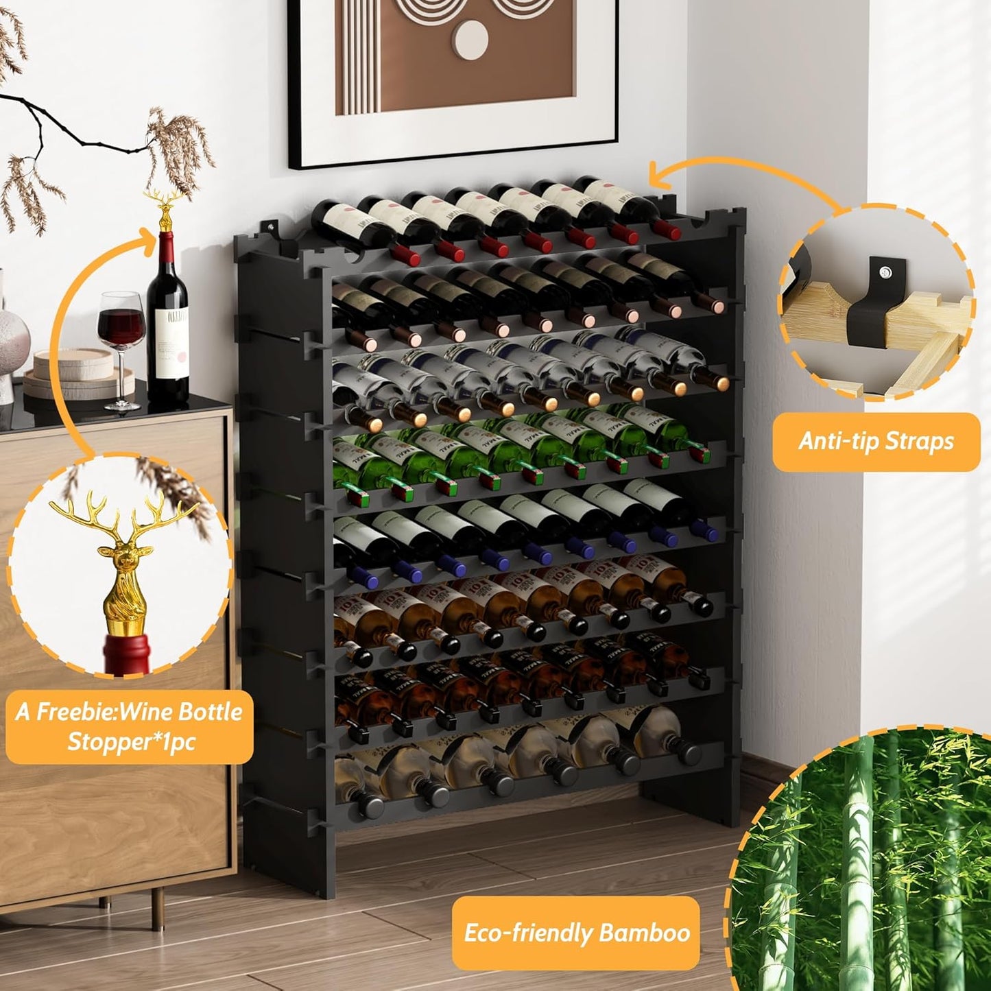 Wine Rack Freestanding Floor, Bamboo 8-Tier 69 Wine Bottle Holder Racks Countertop Cabinet Display, Wooden Stackable Modular Wine Storage Organizer Shelves for Kitchen Bar Cellar Dining Room Black
