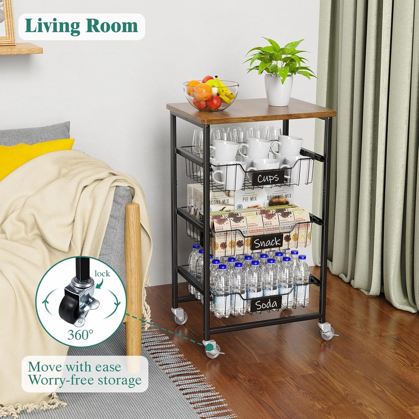 4-Tier Vegetable Fruit Basket Kitchen Storage Rolling Cart on Wheels with Pull-Out Baskets and Wood Top for Kitchen Diningroom Pantry