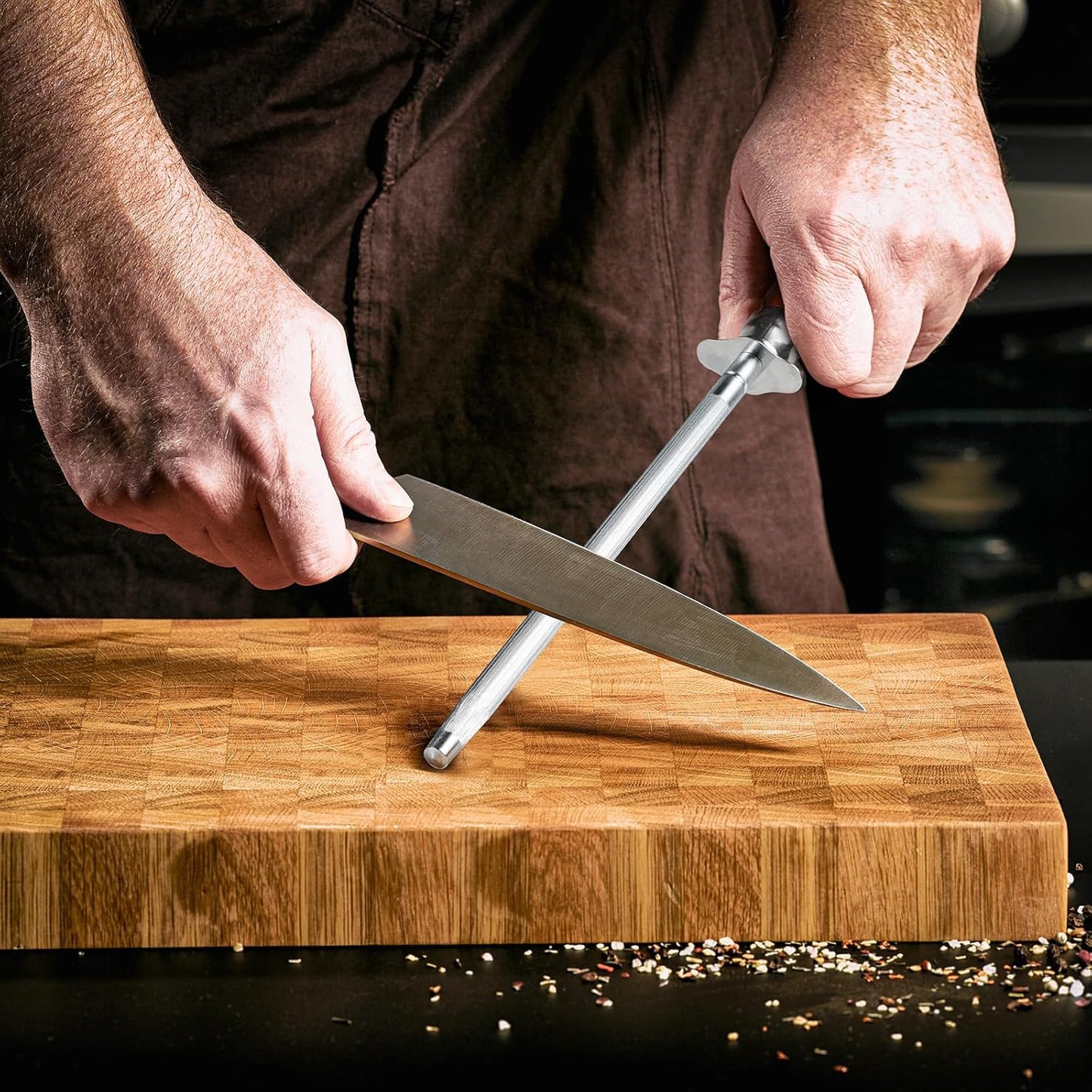 Knife Sharpener Rod, Kitchen Knives Sharpener Carbon Steel Professional Knife Sharpening Steel, Honing Rod with Hanging Holes (13 inches), Z