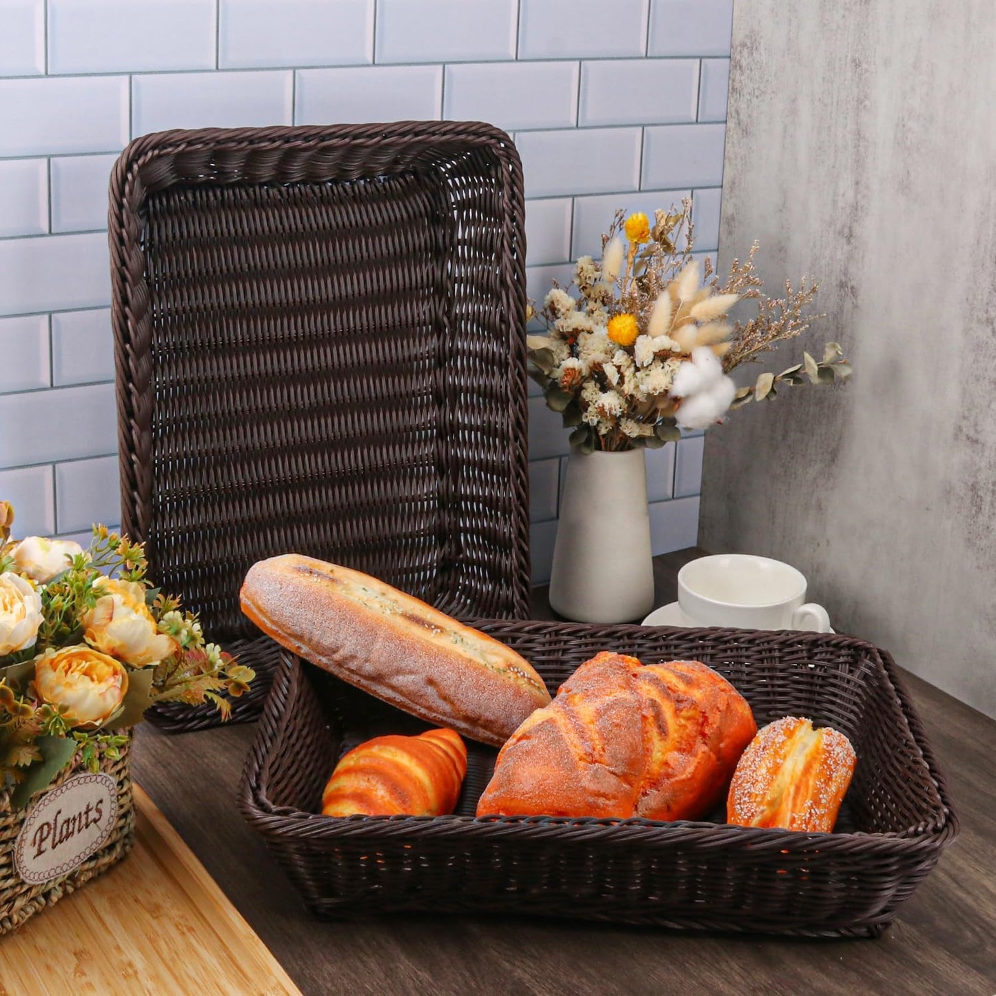 6 Pack 16 Inch Deep Coffee Wicker Bread Basket, Handmade Woven Organizer, Rectangular Fruit Baskets, Snack Basket Food Serving Baskets for Dining Table, Candies, Crackers, Fruit, Vegetables