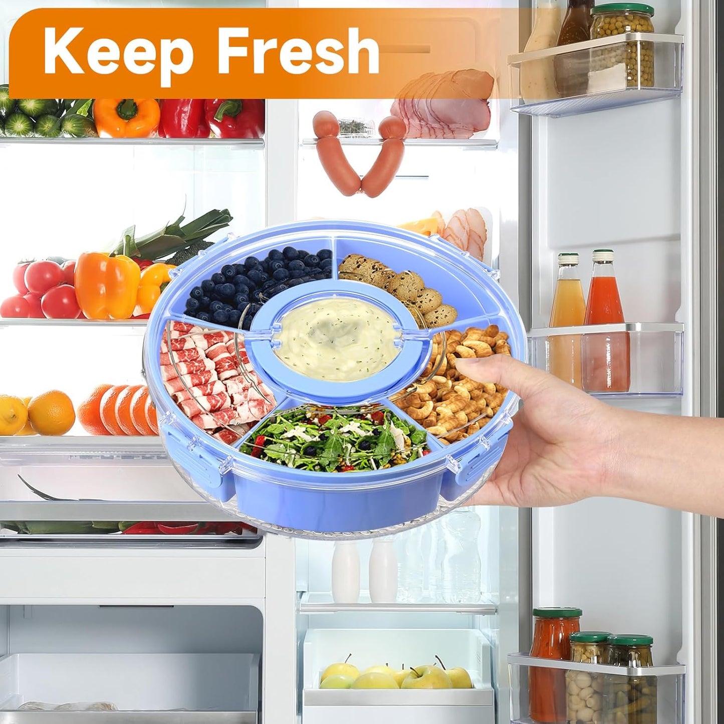 Round Divided Serving Tray with Lid, Rotating Snack Container, Dishwasher Safe Food Organizer for Fruits, Candy, Nuts, Vegetables