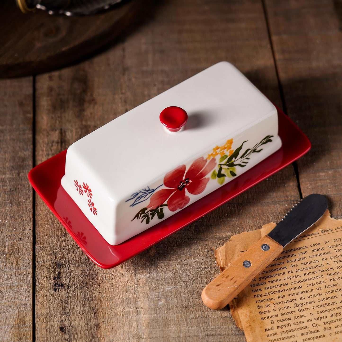 Butter Dish Ceramic Butter Keeper Butter Dish with Lid, Butter Container, RED