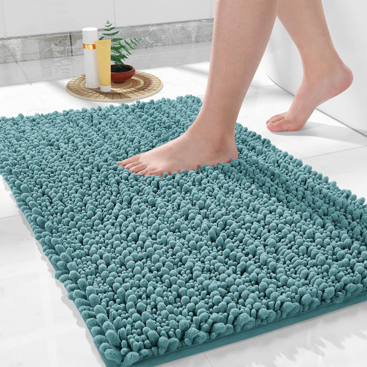 Yimobra Bathroom Rugs Non Slip Washable 32x20 Inch - Ultra Soft Absorbent Chenille Bath Mat, Quick Dry Shaggy Floor Carpet for Tub Shower, Teal Blue Home Decor Accessories