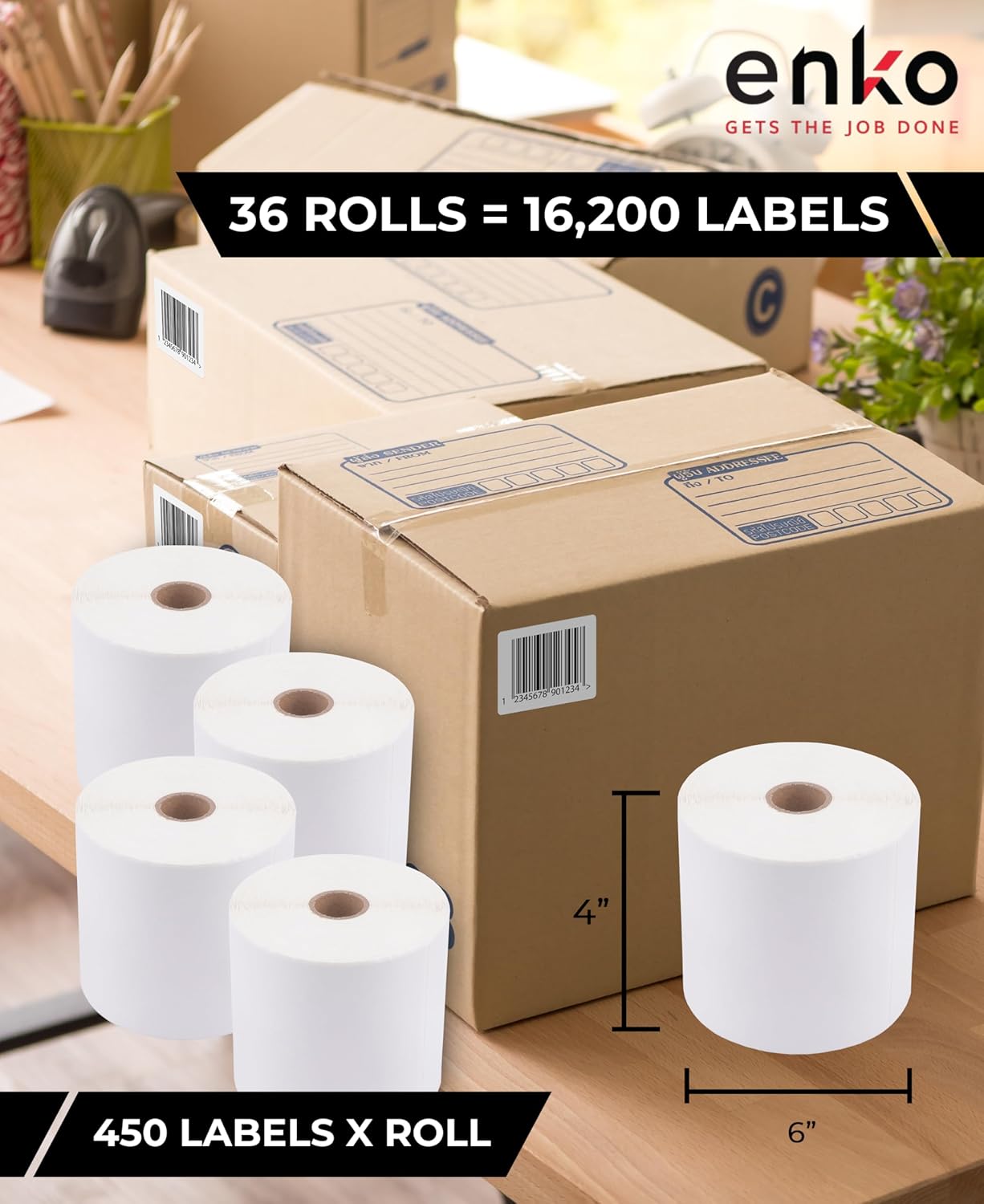 enKo (36 Rolls, 16,200 Labels) 4 x 6 Direct Thermal Address & Shipping Labels Compatible for Zebra 2844 ZP-450 ZP-500 ZP-505, Rollo, Eltron, Neatoscan