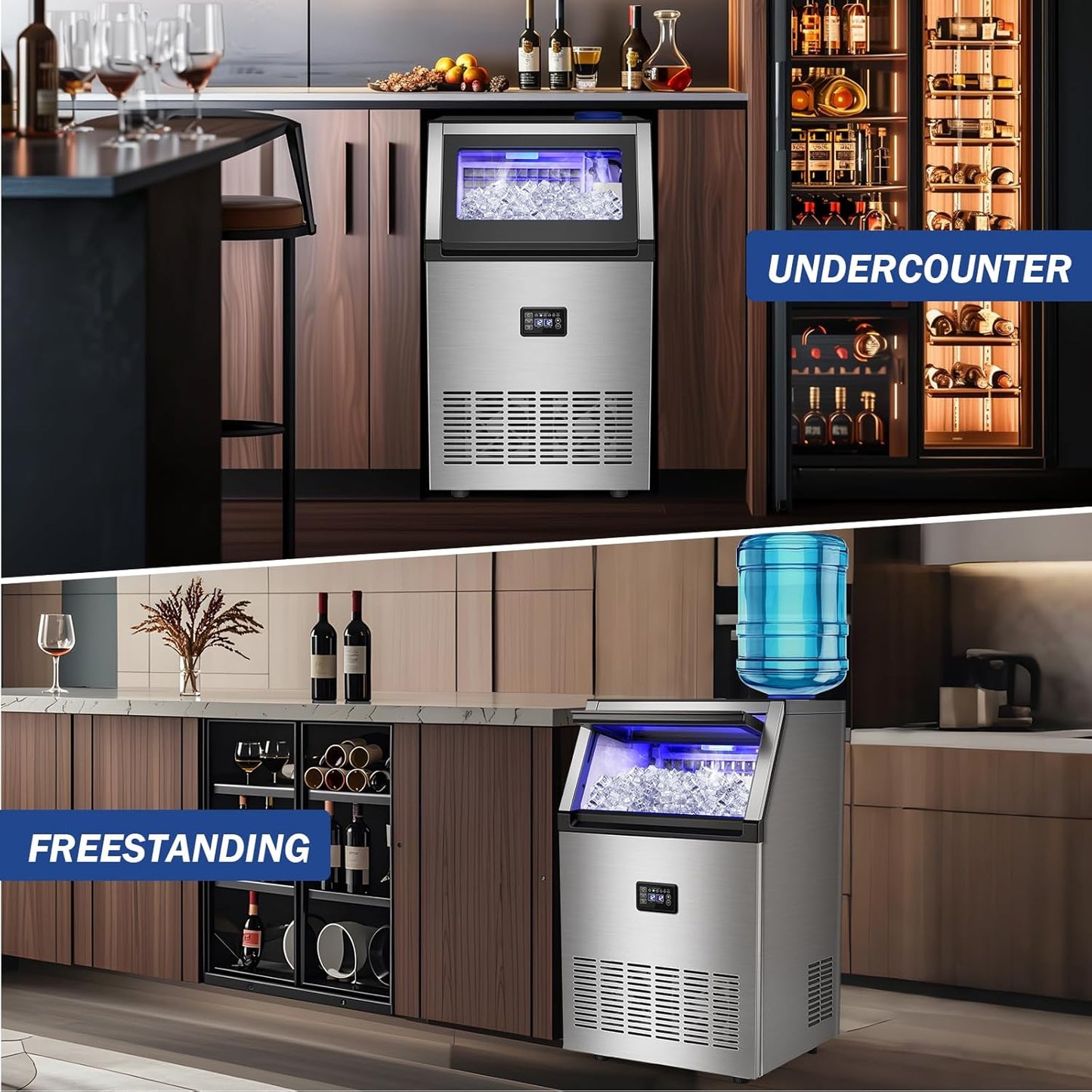 160LBS/24H High Output - Commercial Ice Maker Machine - 55 Clear Ice Cubes/Round (11-20 Mins), 35LBS Storage, Stainless Steel Undercounter/Freestanding for Home/Bar/Outdoor