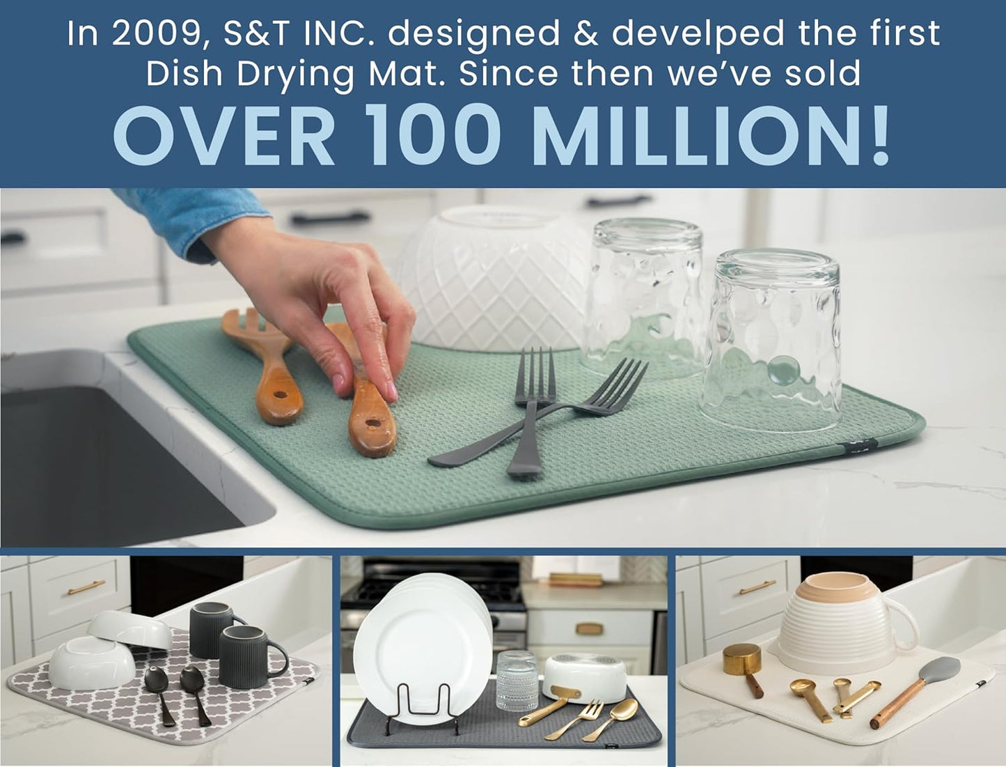 S&T INC. Dish Drying Mat, 16” x 18”, Absorbent Microfiber Kitchen Counter Mat, Dish Drying Pad for Dishes, Utensils, Pots and Pans, Large, Navy