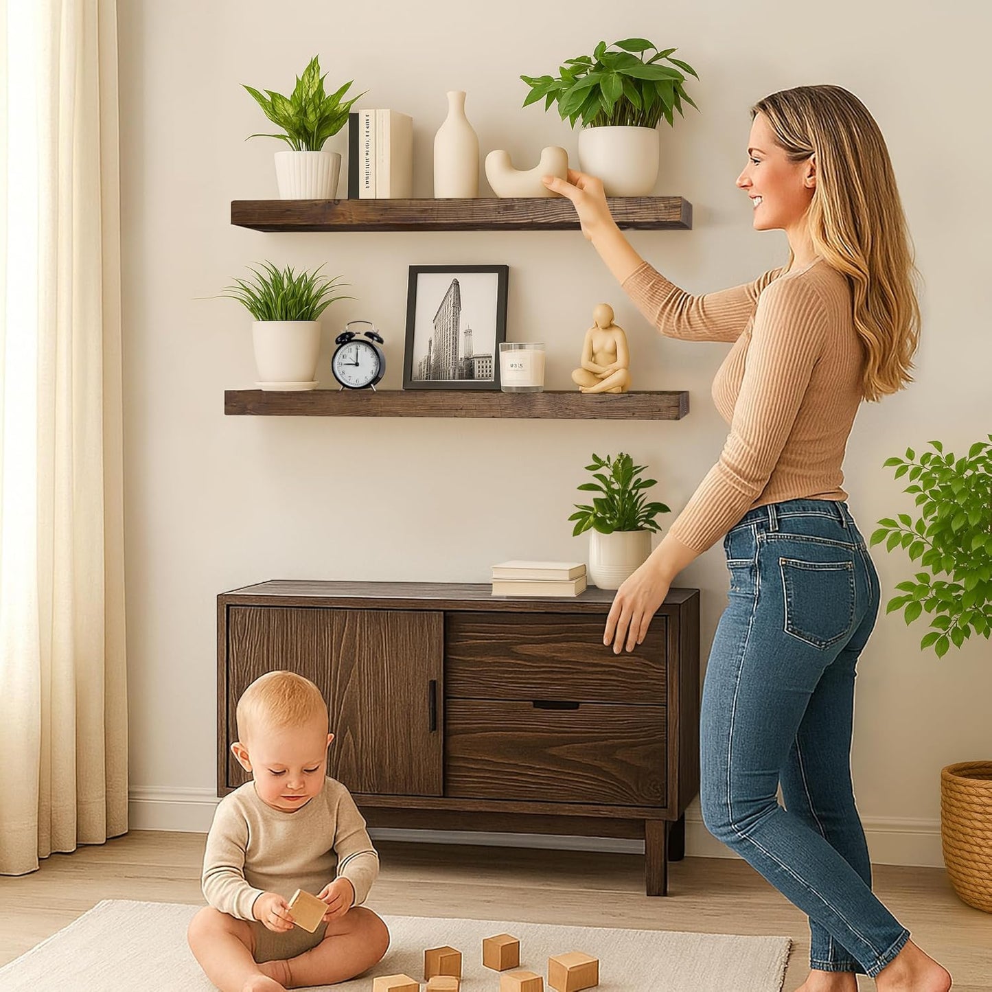 Distressed Floating Shelves 36 inch Long Set of 2,8 inch deep Solid Wood Wall Mounted Shelves for Living Room Kitchen,Book Shelf for Wall with Hidden Bracket- Distressed Black Walnut