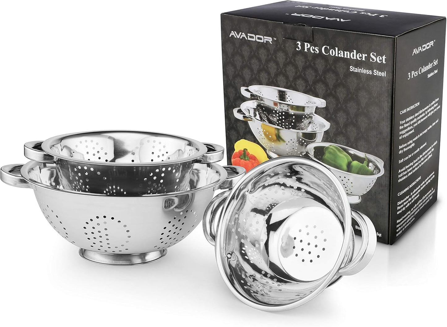 Avador Set of 3 Stainless Steel Colanders, Comes in 1.5 Quart 3qt Quart and 5 Quart for all your Cooking | Baking | Prepping Needs