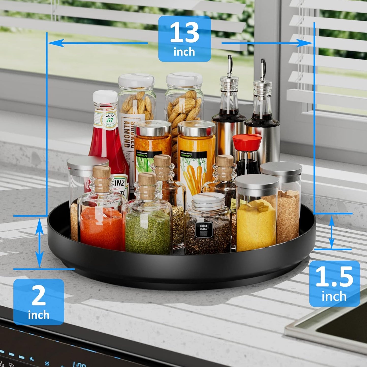 Ovicar Lazy Susan Turntable Organizer - 13 inch Rotating Spice Rack Metal Lazy Susan for Cabinet Pantry Kitchen Countertop Bathroom Refrigerator Table Storage, Black