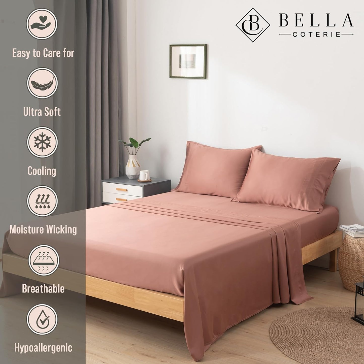 Bella Coterie Luxury Bamboo Viscose Cal King Size Sheet Set | 100% Organically Grown | Ultra Soft | Cooling for Hot Sleepers | 18" Deep Pocket [Raisin]