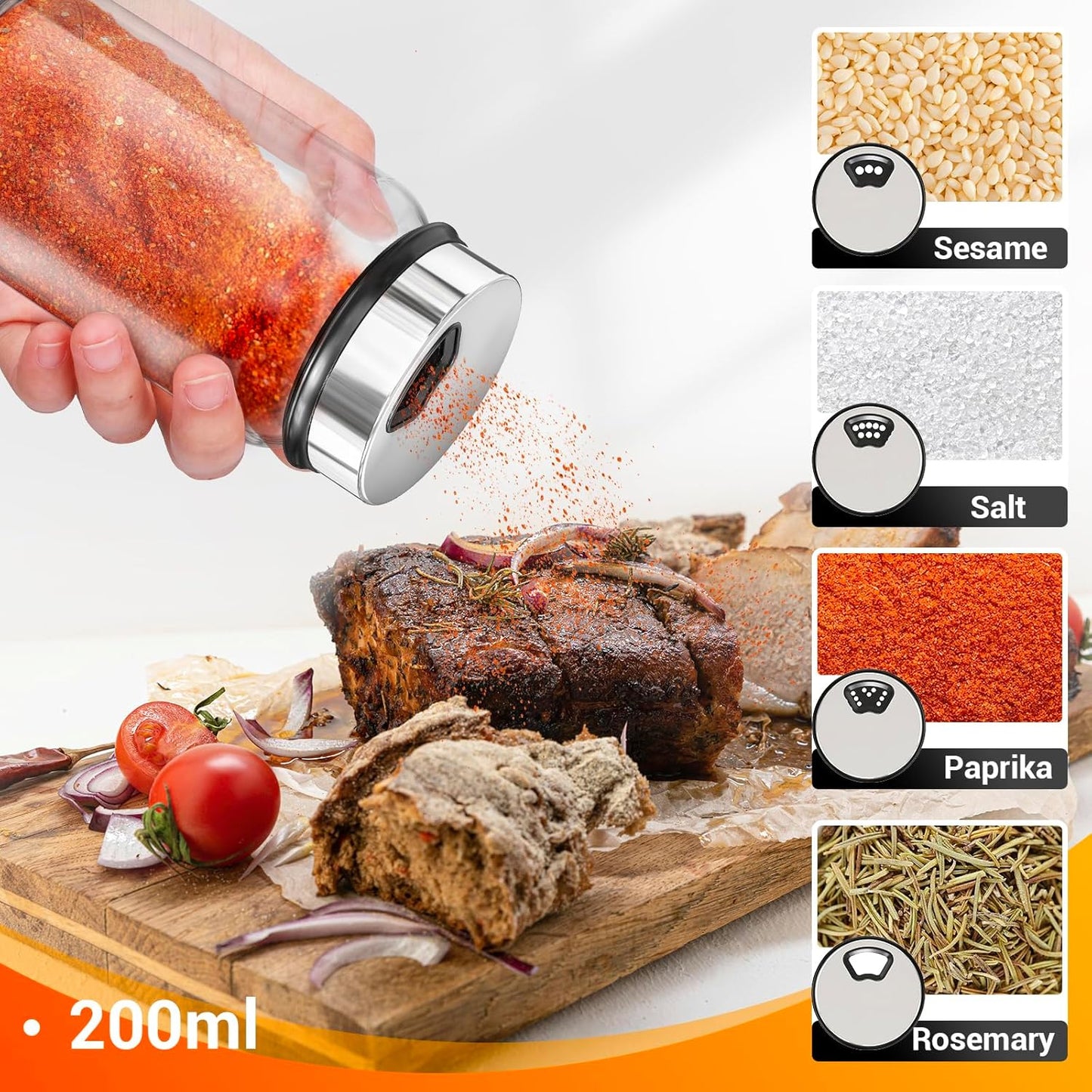 Segarty Spice Jars Set, 3 Pack 6 oz Glass Spice Jar with Labels, Seasoning Bottles Set with 136 Blank Stickers, 1 Chalk Marker, 1 Brush, Salt and Pepper Shakers with Ajustable Holes Lids