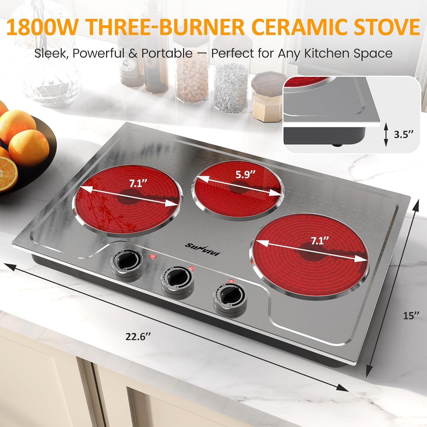 Sunvivi 1800W Triple Burner Portable Electric Ceramic Stove – Knob Control, Indicator Light, Compatible with All Cookware, Ideal for Multiple Cooking Scenarios, Silver
