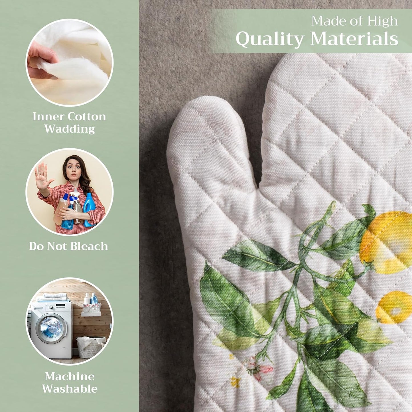 Maison d' Hermine Oven Gloves 100% Cotton Oven Mitt 7" x 13" with Loop Heat Resistant, BBQ, Cooking Gloves, Baking, Grilling, Kitchen, Handling Hot Pans Spring/Summer (Pack of 1, Limoncello)