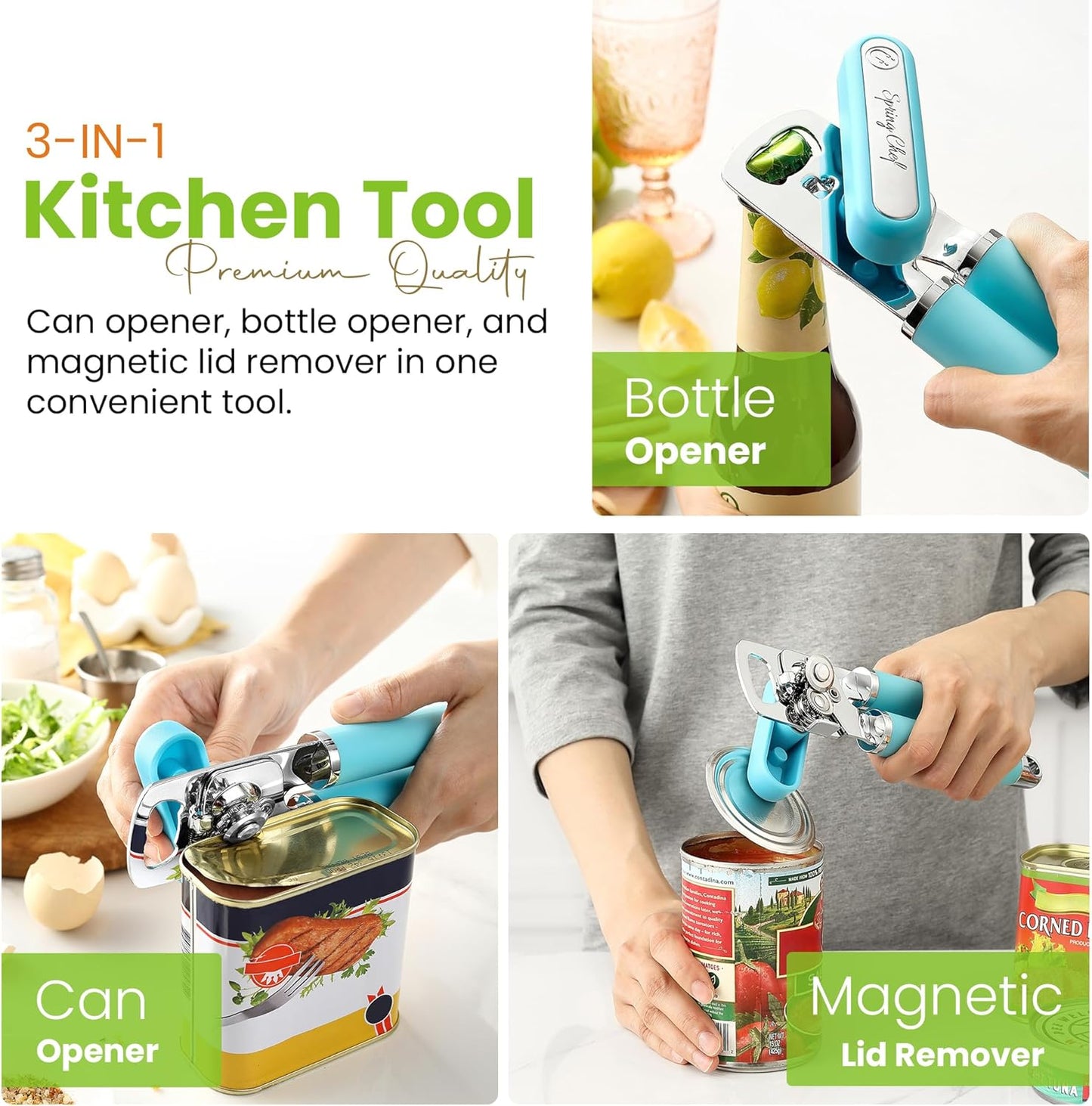 Spring Chef Stainless Steel Can Opener - Manual with Soft Grip Handles, Easy Turn, Heavy Duty Hand Can Openers for Seniors with Smooth Edge - Magnetic Lid Remover - Aqua Sky