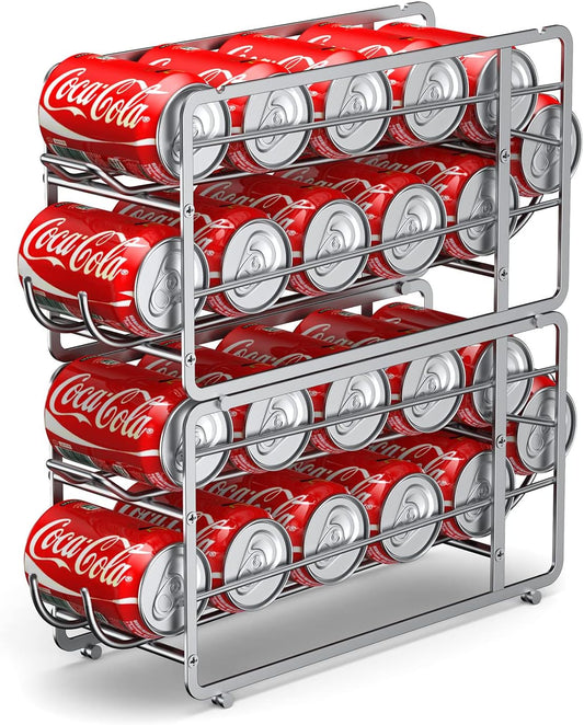 Soda Can Organizer Storage Rack, 2 Pack Stackable Beverage Soda Can Dispenser Organizer Holder for Refrigerator, Cabinet, Pantry (Silver)
