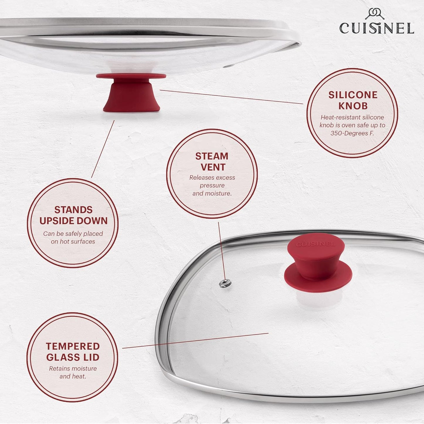 Cuisinel Square Glass Lid for Grill Pans with Steam Vent Hole - 10.5"-inch/26.67cm - Fits Lodge Cast Iron - Fully Assembled Universal Replacement Cover - Tempered and Oven Safe - Reinforced Stainless