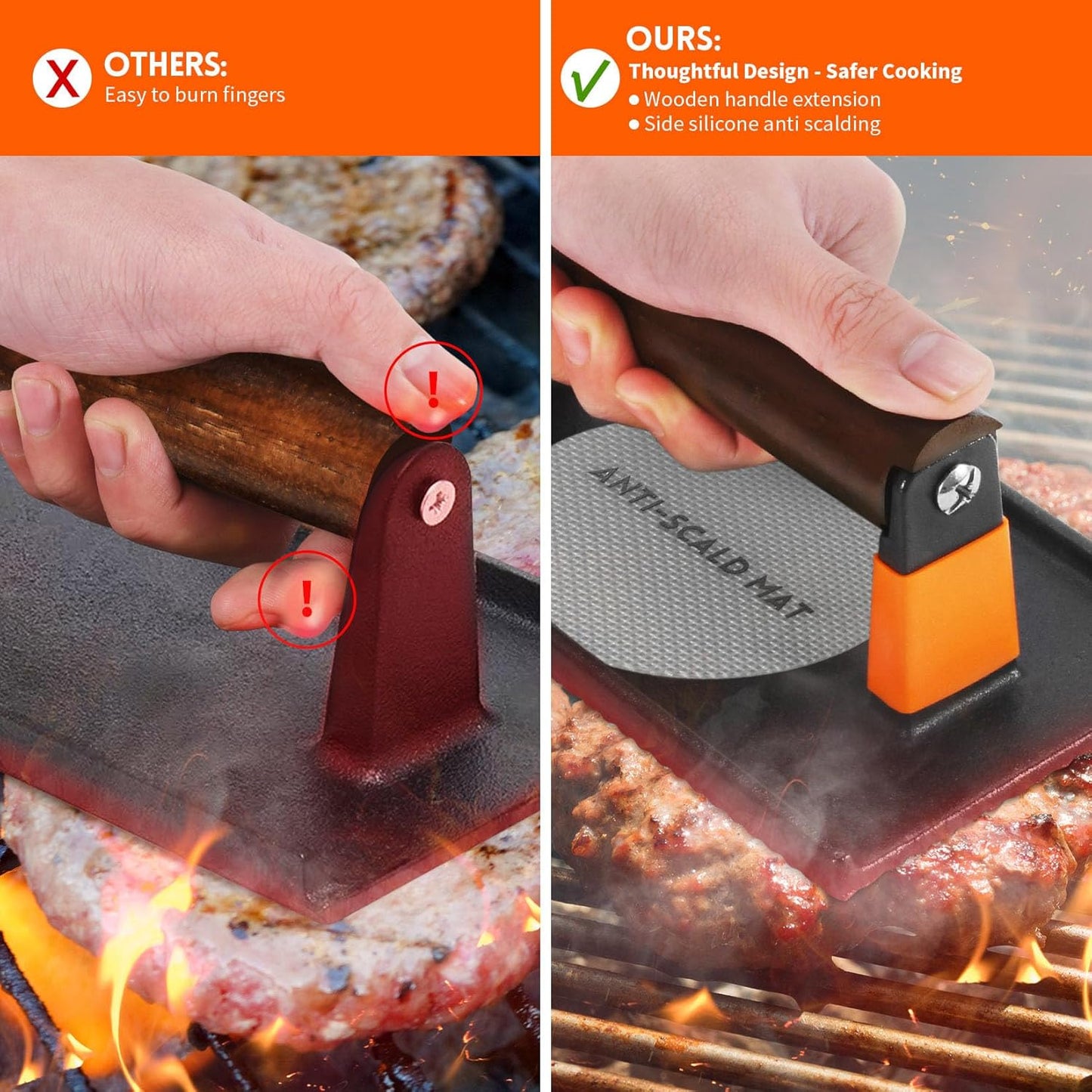 GGC Bacon Press for Griddle, Cast Iron Smash Burger Press for Hamburger, Steak, Bacon, Sandwiches, 8"x 4" Rectangle Meat Press with Wooden Handle for Grill and Griddle Cooking(10Pcs Patty Paper)