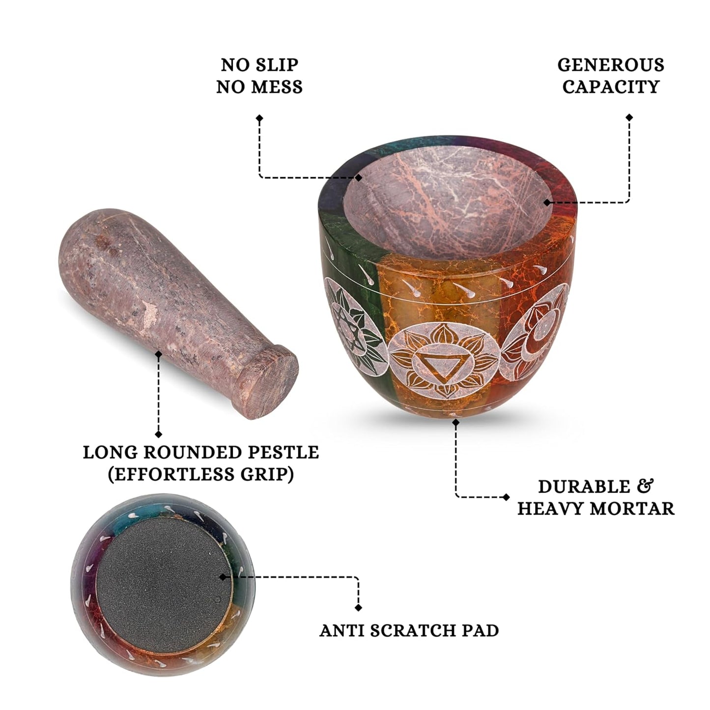Mortar and Pestle, Made of Heavy Duty Polished Hard Stone, Natural Stone Grinder for Spices, Pastes, Herbs, Seasoning etc. (7 Chakra)