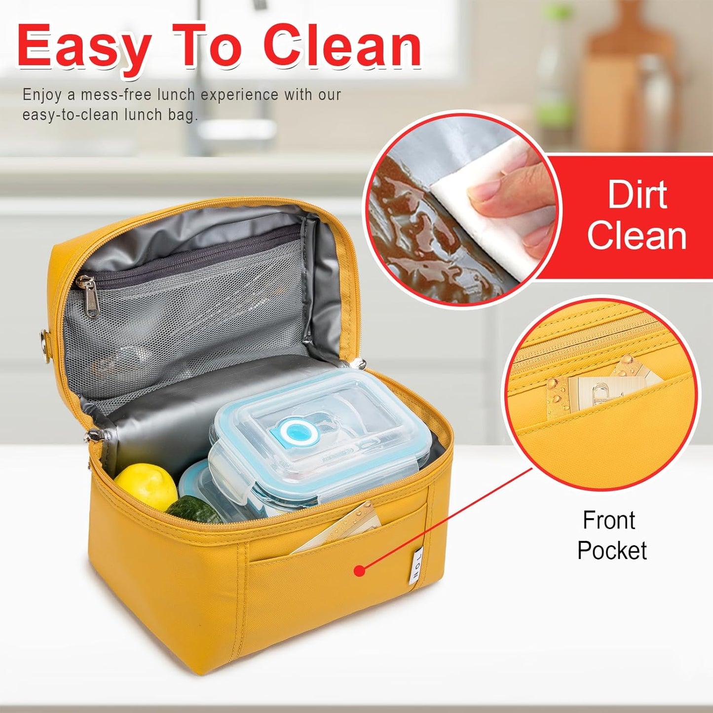 NOL Natural Organic Lifestyle Insulated Lunch Bags for Women Cooler Bag Lightweight Nylon Waterproof Lunch Box For Work (Earth-yellow, Medium(normal))