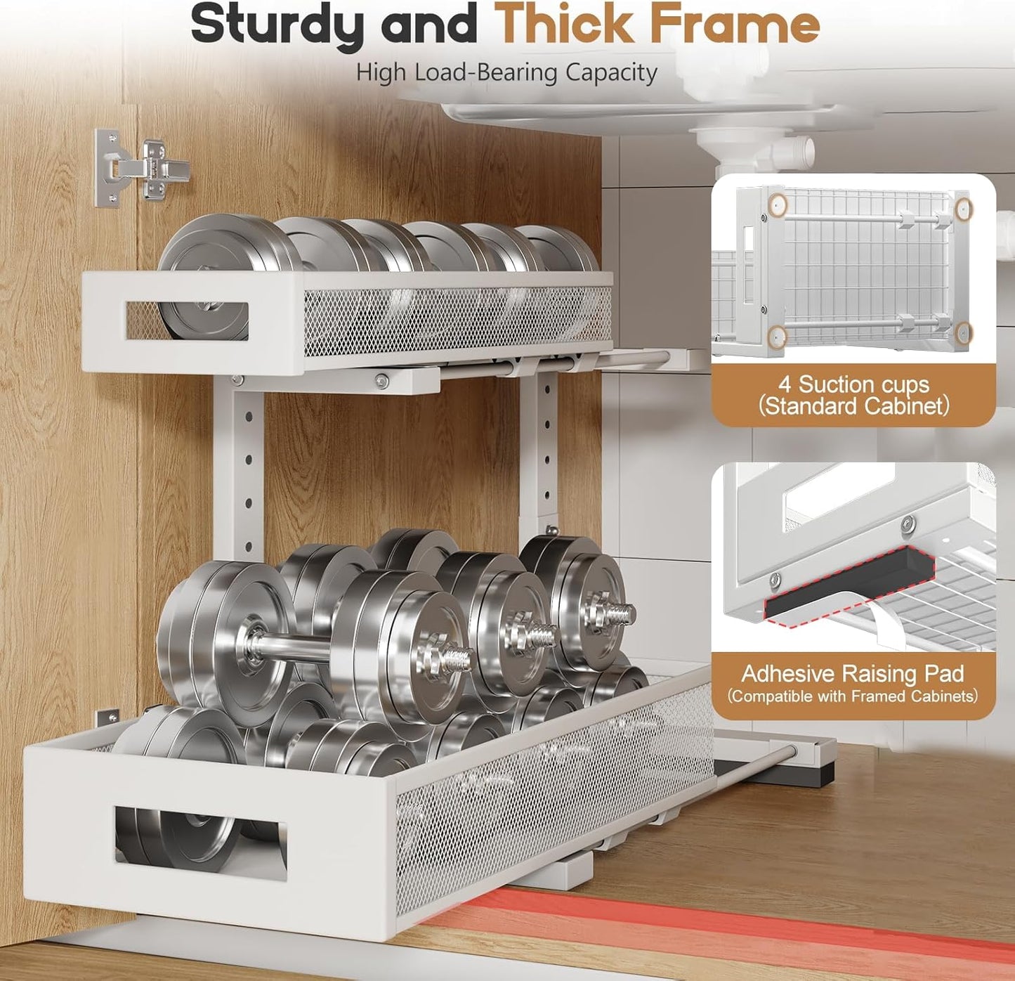 2 Pack 17IN Depth Under Sink Storage Organizer, Large 2-Tier Elegant Mesh Pull Out Shelf for Kitchen and Bathroom Cabinet Organization, L-Shaped and Adjustable Height Design-White