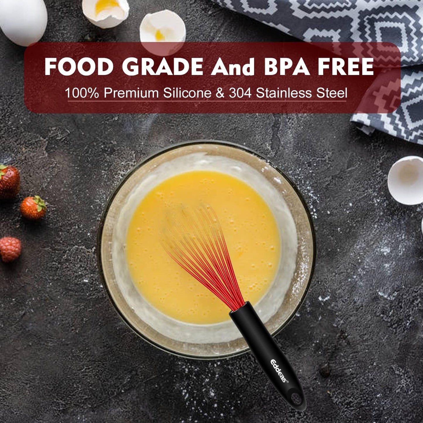 Silicone Whisk, Eddeas Stainless Steel & Silicone Non-Stick Coated Whisks set of 3-Heat Resistant (450°F) Kitchen Whisks Perfect for Blending, Whisking, Beating & Stirring, Red