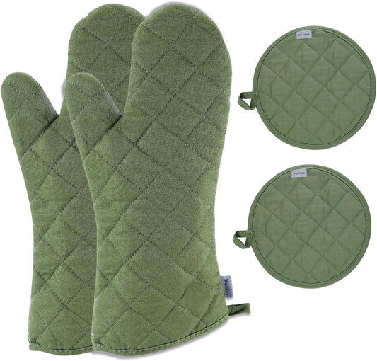 Set of 4 Oven Mitts and Pot Holder Heavy and Tall Kitchen Cotton Gloves Lined Towelcloth, Gloves Length 40cm, Pot Holder Width 20cm Diameter Round… (Army Green)