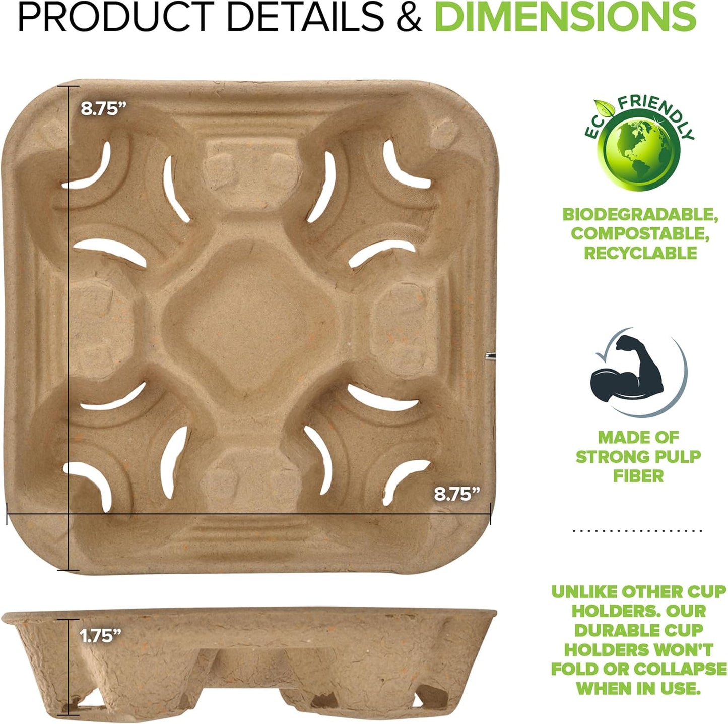 4 Cup Disposable Coffee Tray (75 Count), Commercially Compostable Cup Holder, Durable Drink Carrier for Hot or Cold Drinks, to Go Coffee Cup Holder for Food Delivery Service