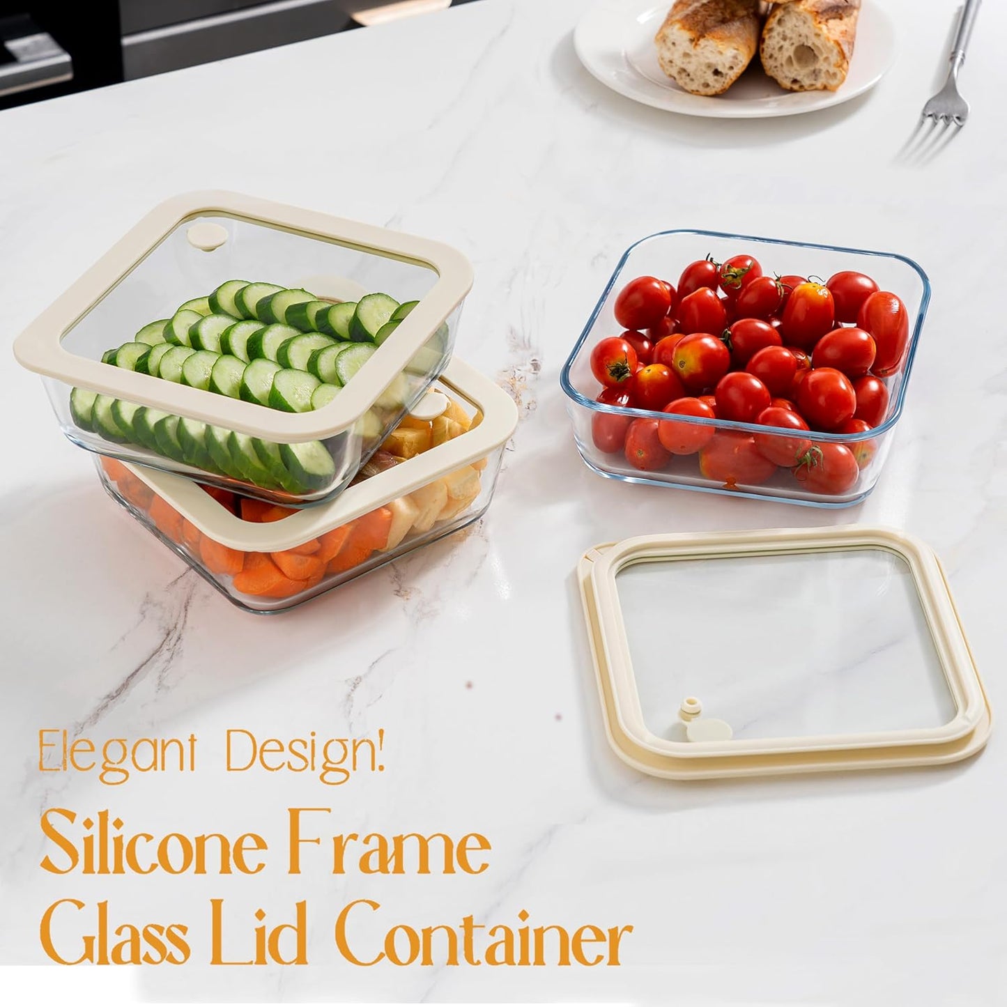 Urban Green Glass Food Container Set with Glass Lid, 3 Pack, Food Storage Containers Set, Airtight, LeakProof, 100% Plastic Free, Meal Prep Containers (White Color)