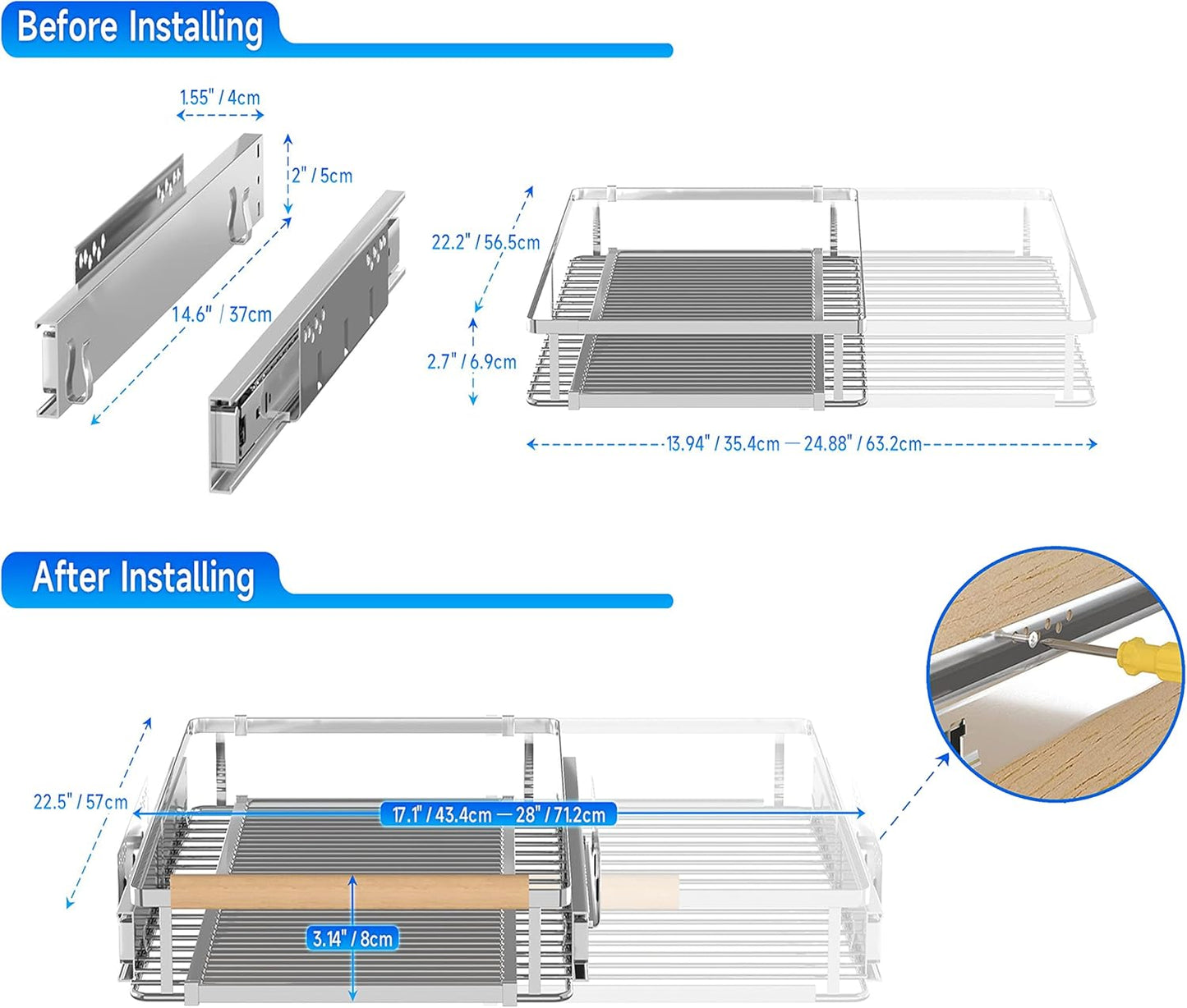 Expandable Pull Out Cabinet Organizer,17.1~28"W x 22.5"D Heavy Duty Slide Out Shelves Adjustable Height Cabinet Pull Out Shelves,Expandable Width Spice Rack Organizer for Kitchen Cabinet