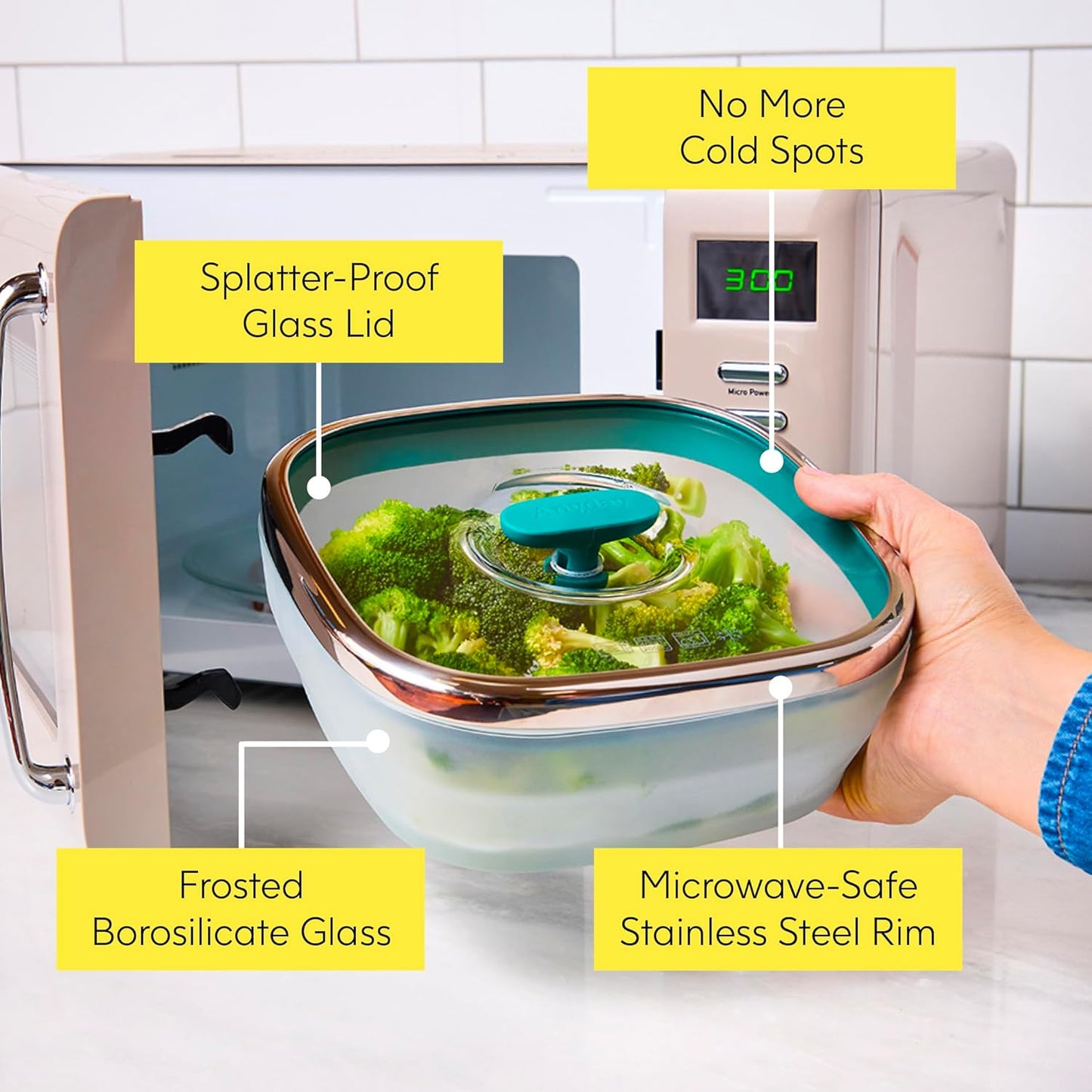 Anyday 5.5-Cup Square Glass Food Storage with Glass Lid | Plastic-Free Meal Prep & Microwave Cookware | Stackable Airtight Storage Container with Vented Lid for Microwave-Safe Reheating