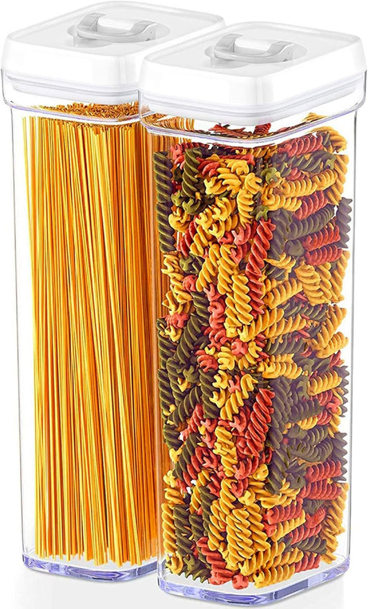 DWËLLZA KITCHEN Pasta Storage Containers for Pantry - Set of 2 White Airtight Spaghetti Container Storage - Ideal for Spaghetti & Noodles, Kitchen Pantry Organization and Storage, Keeps Food Fresh