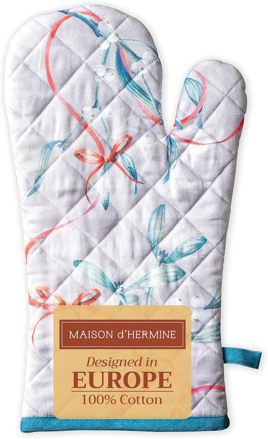 Maison d' Hermine Oven Gloves 100% Cotton Oven Mitt 7" x 13" with Loop Heat Resistant, BBQ, Cooking Gloves, Baking, Grilling, Kitchen, Handling Hot Pans (Pack of 1, Enora)