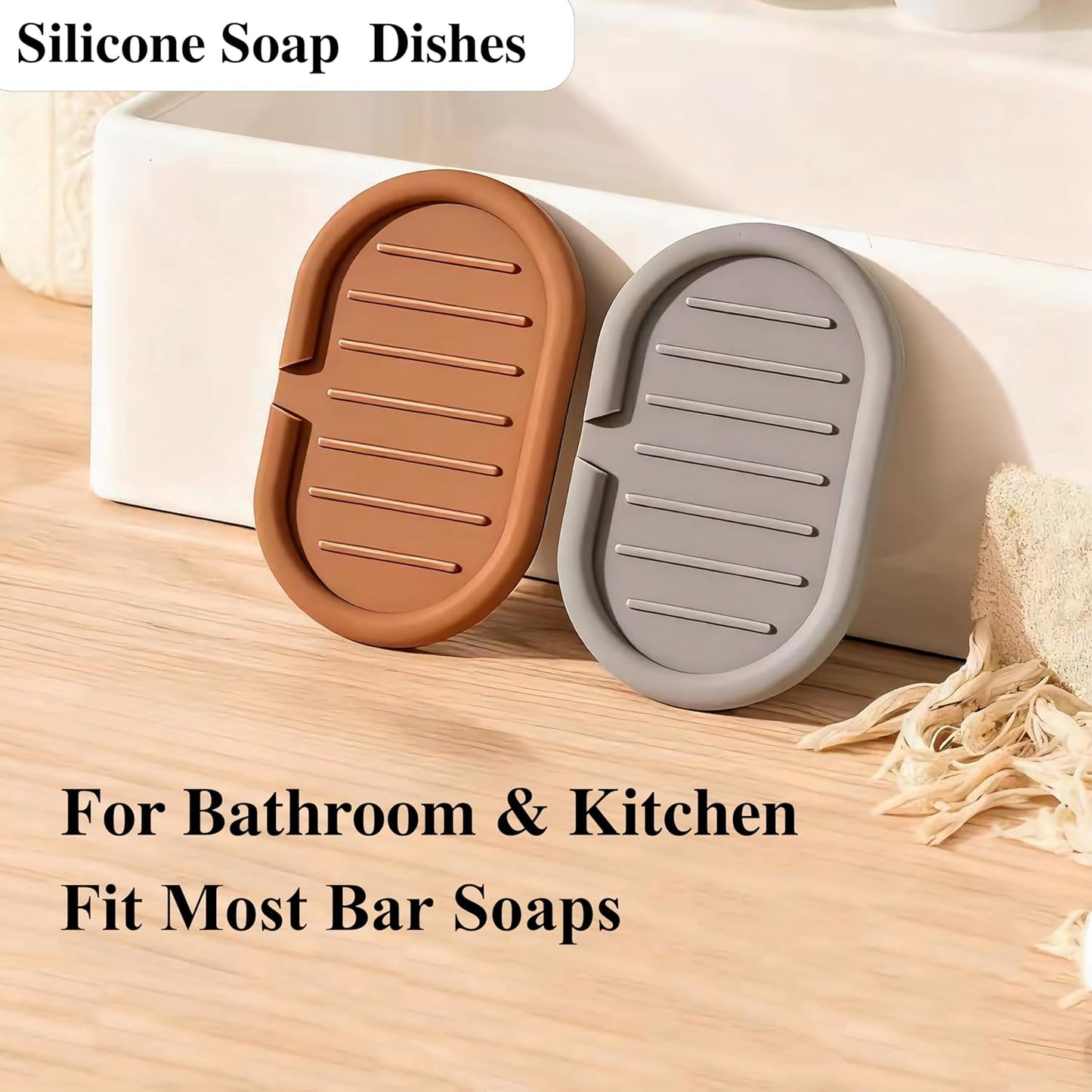 Self-Draining Oval-Shaped Silicone Soap Dish, Soap Holder/Tray/Saver for Shower, Bathroom, Kitchen, Keep Soap Dry, Easy to Clean (2, Dark Color)