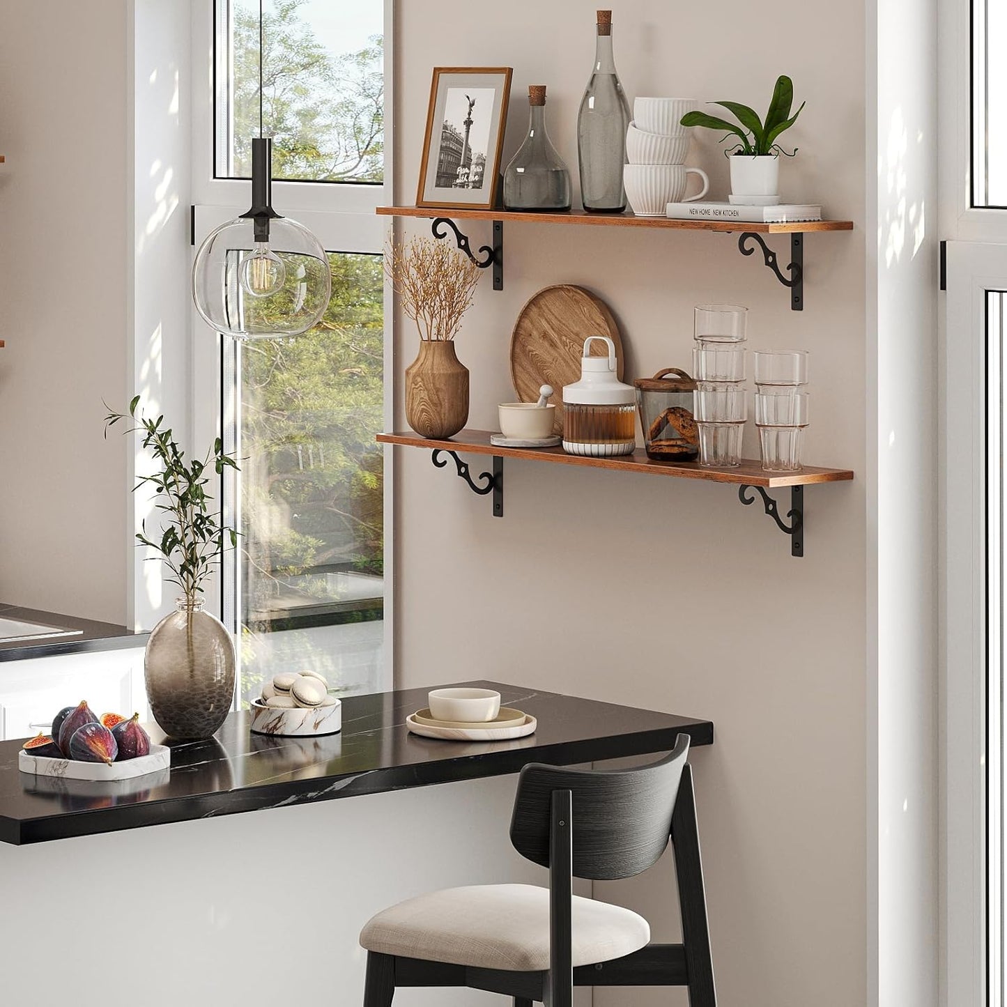 DINZI LVJ Long Wall Shelves, 31.5 Inch Large Floating Shelves Set of 4, Wide Display Shelf Wall Mounted with Brackets, Easy Hanging for Living Room, Toilet, Office, Bedroom, Rustic Brown