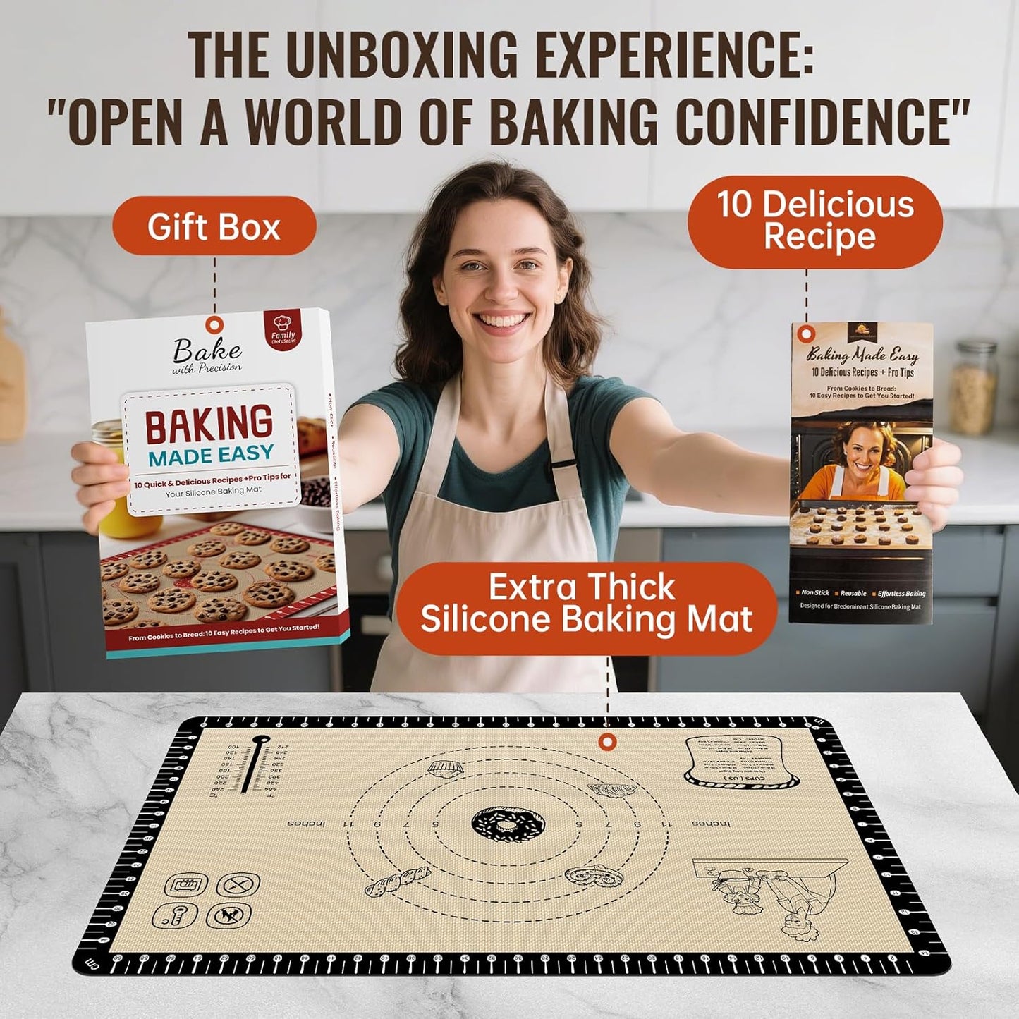 Extra Thick Silicone Baking Mat with 10 Easy Recipes,Silicone Mat for Baking, Non Stick Pastry Mat for Dough Rolling, Macaron, Cookie, bread, Pizza, Fondant/Pie Crust, Oven& Dishwasher Safe