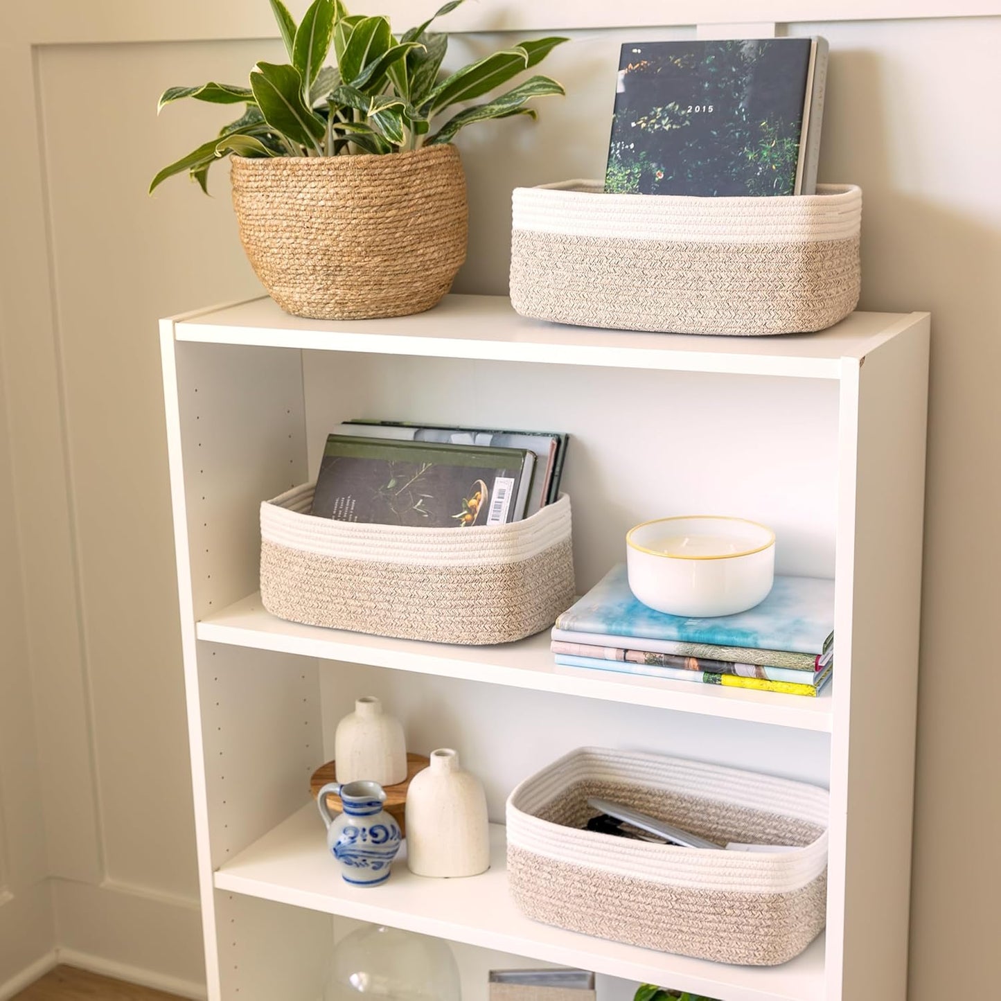 NaturalCozy 13.5”x8.5”x5.5” Storage Baskets for Shelves 3 Pack | Cotton Rope Woven Small Baskets for Organizing | Small Storage Bins for Nursery, Bathroom, Closet, Cube Shelf, Decorative, Gift