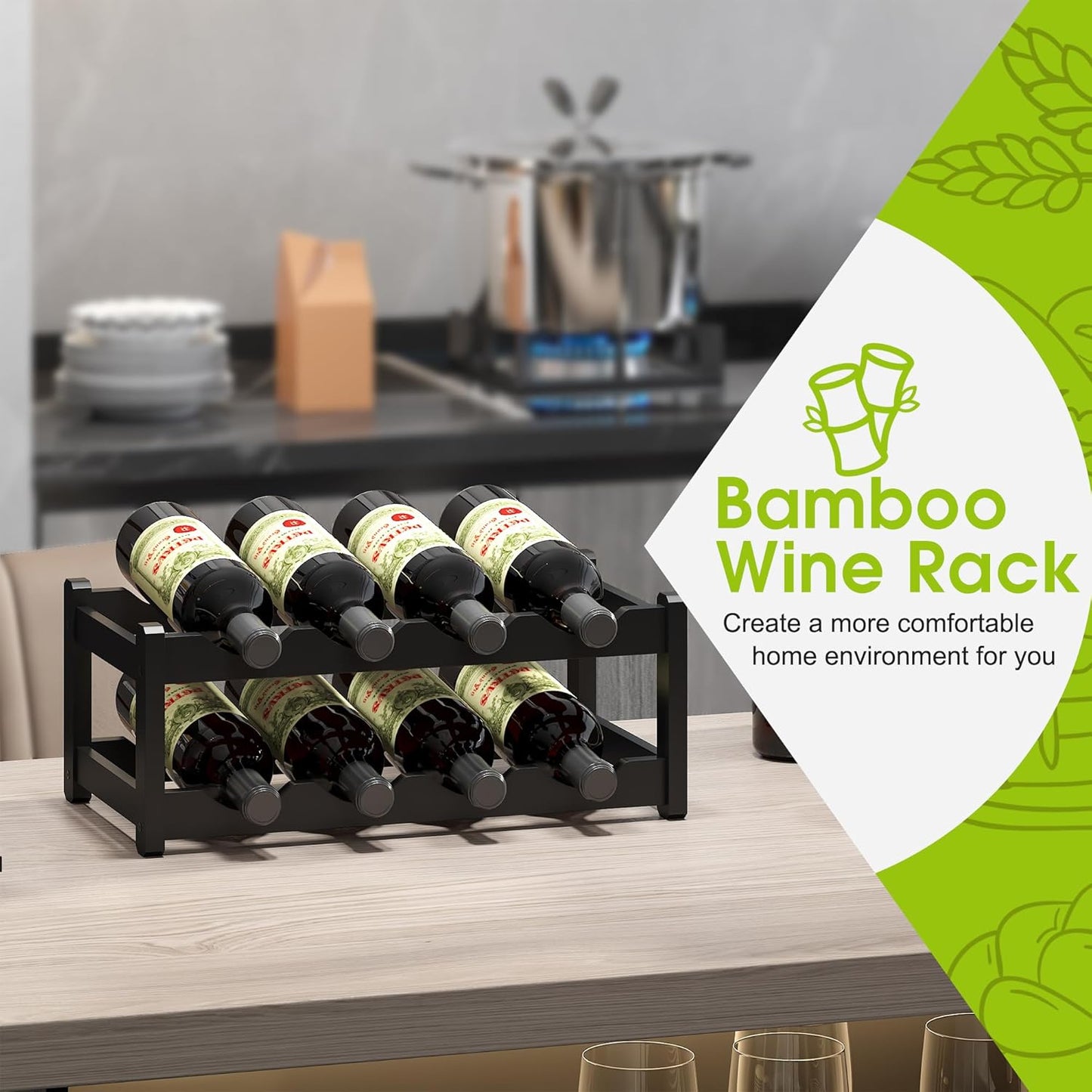 BMOSU Bamboo Wine Rack Wine Storage Cabinet Shelf 8 Bottle Wine Racks Countertop Sturdy for Kitchen Dining Room Pantry - 2 Tiers Wine Rack (Black)