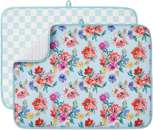 FRESHMINT Printed Dish Drying Mats for Kitchen Counter 2 Pack Absorbent Reversible Drying Mats Microfiber Kitchen Countertop Protector Dishes Drying Pad Extra Large 18"x24" Dish Mat