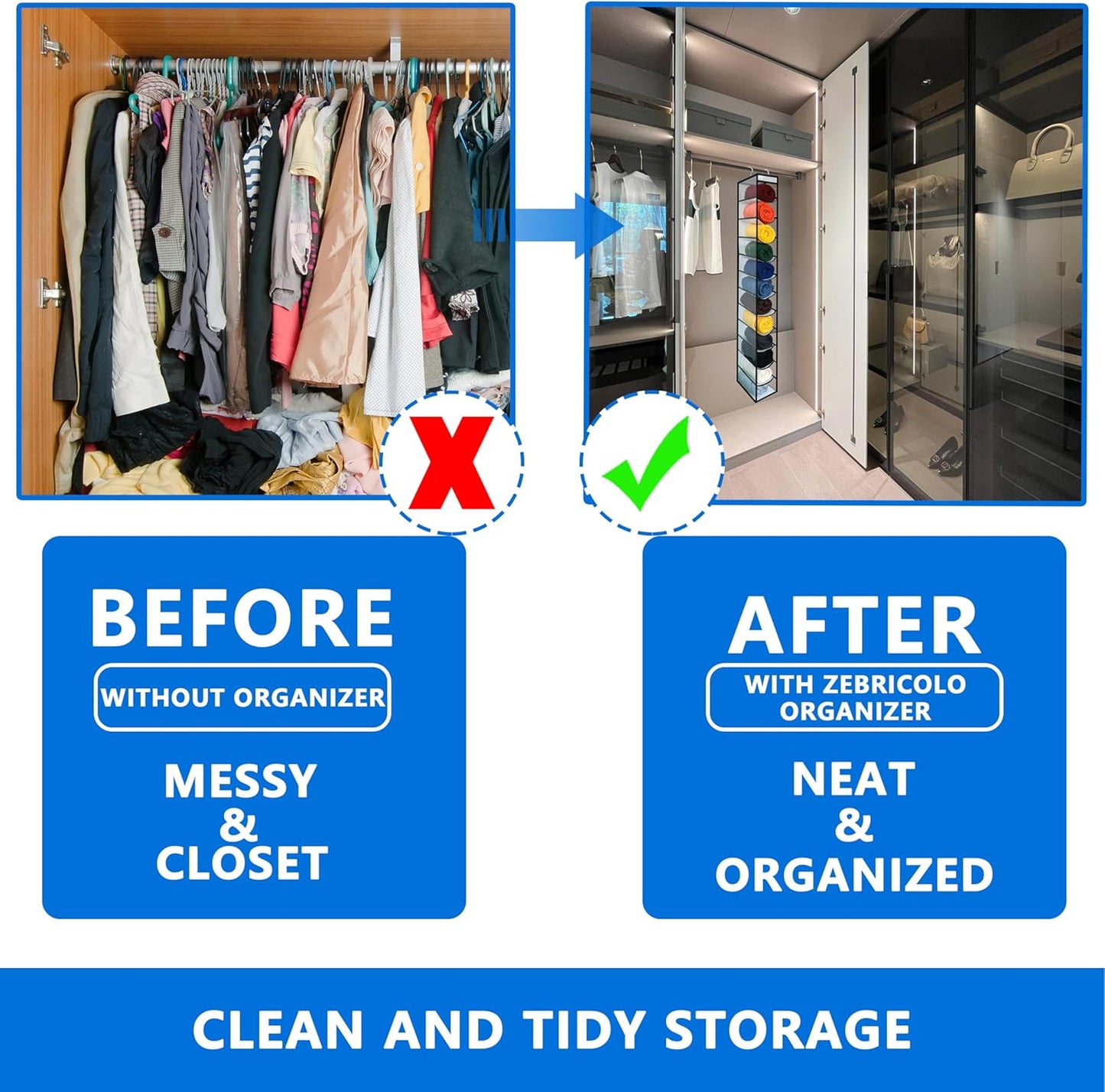 Closet Organization,12 Section, Hanging Closet Organizer, Space Saving, College Dorm Essentials for Girls,Heavy dutys Hooks Up to 45 Pounds,Clothes Storage,Closet Organizer,White/Black