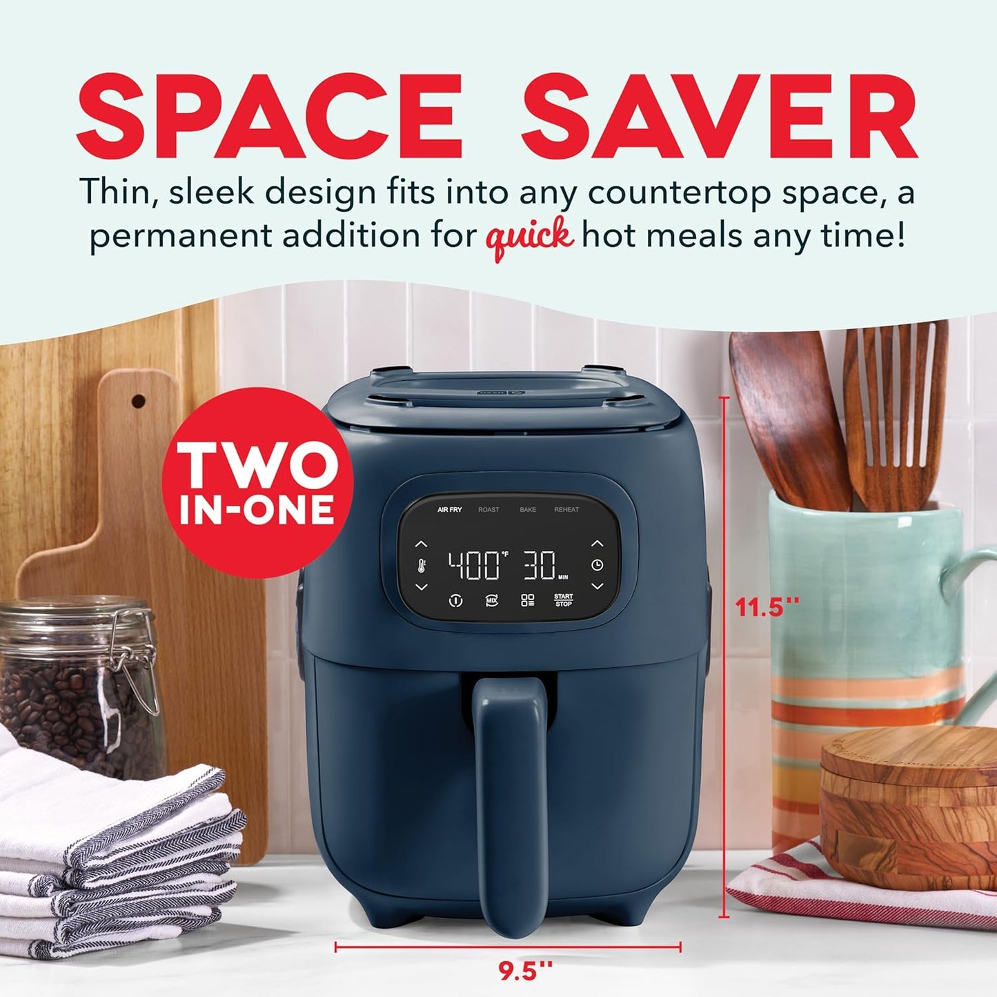 Dash Flip & Fry™ Digital 2-in-1 Grill + Air Fryer with 4 functions, 3 Qt Capacity, Air fryer & Indoor Grill for fries, wings, burgers and more - Navy