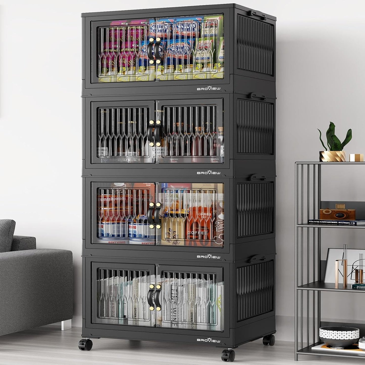 320Qt Stackable Storage Bins with Lid, Extra Large Closet Organizer Collapsible Drawer Boxes with Wheels, Folding Plastic Cabinet Containers for Home Kitchen Room Organization, 4Pack Black