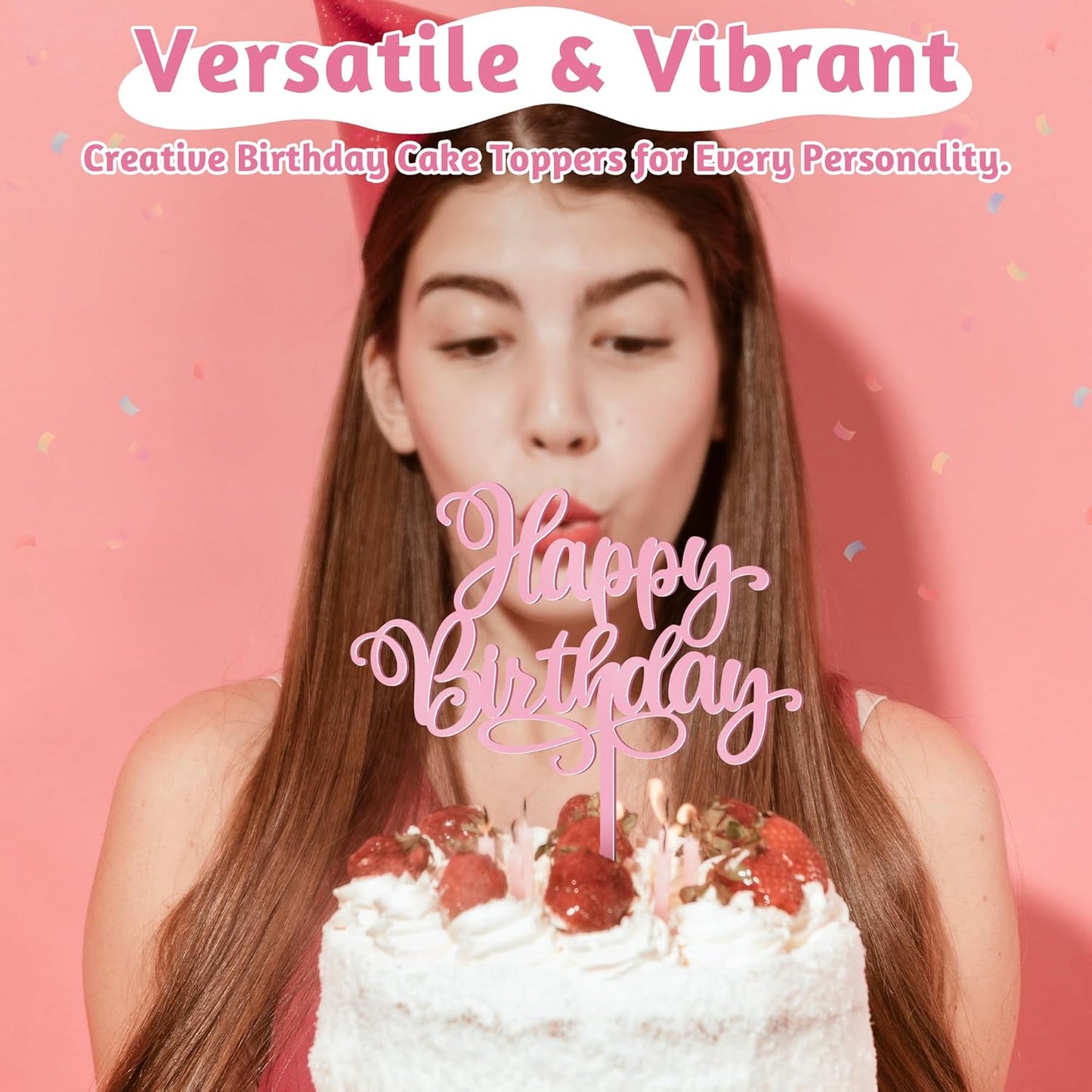 1 PCS Happy Birthday Cake Topper, 5.1 x 6.5 Inches Acrylic Cake Topper, Elegant Pink Happy Birthday Cake Sign, Birthday Cake Decorations for Adult, Kids, DIY Dessert Supplies