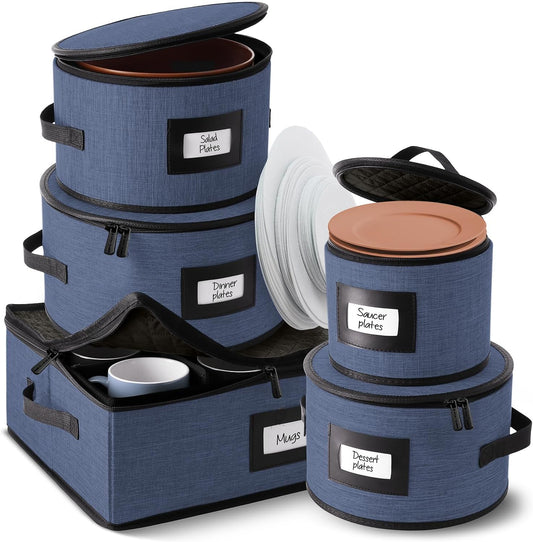 Fine China Storage Containers, 5 Piece Quilted Dish Storage Containers, Mug, Cup, and Plate Dish Organizer with Felt Dividers, Service of 12 Dinnerware Boxes for Moving, Seasonal Organization, Blue