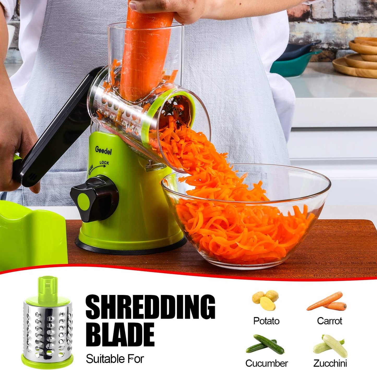 Geedel Rotary Cheese Grater, Kitchen Mandoline Vegetable Slicer with 3 Interchangeable Blades, Easy to Clean Rotary Grater Slicer for Fruit, Vegetables, Nuts
